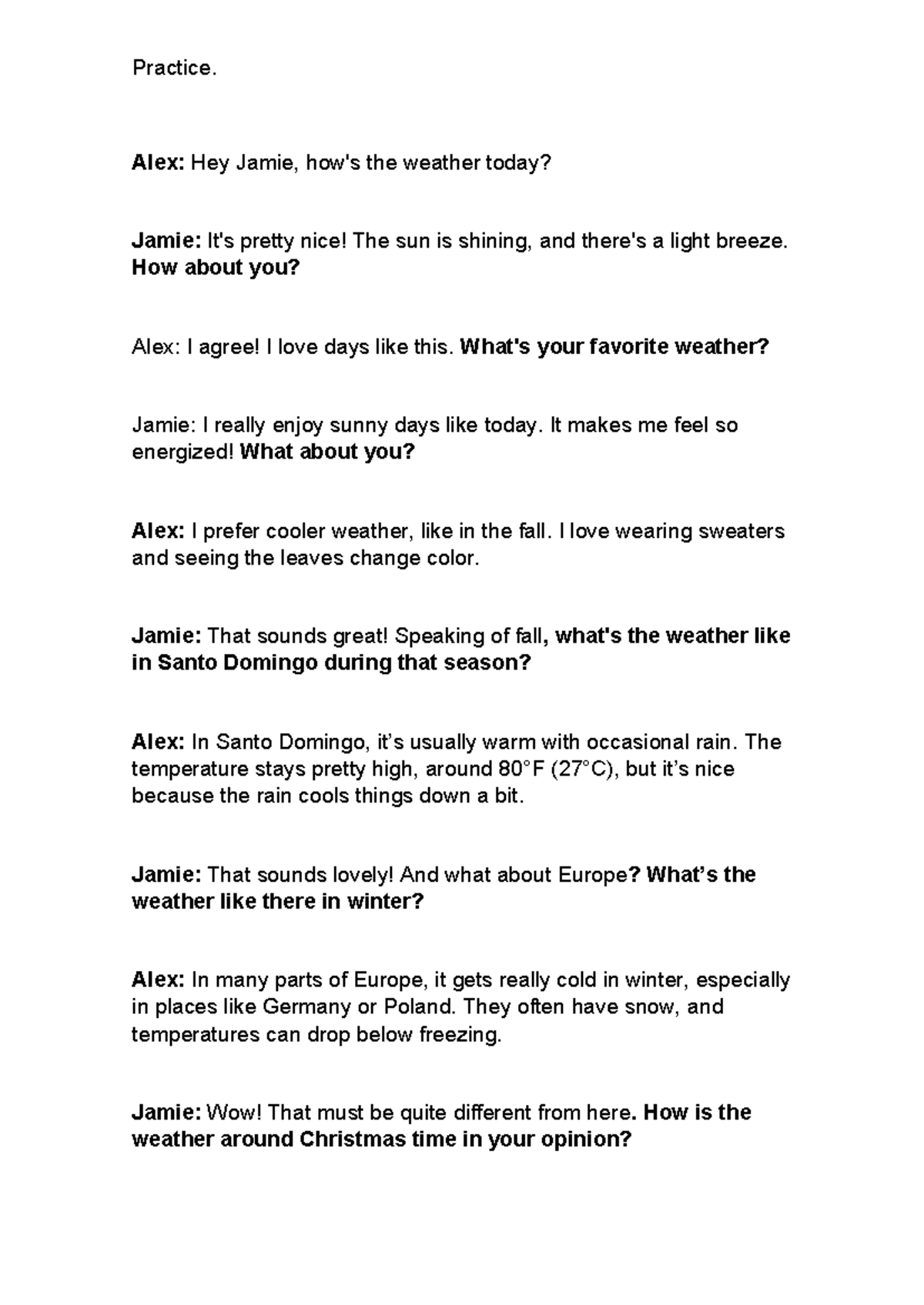 Conversational Practice: Weather Discussions and Preferences - Studocu