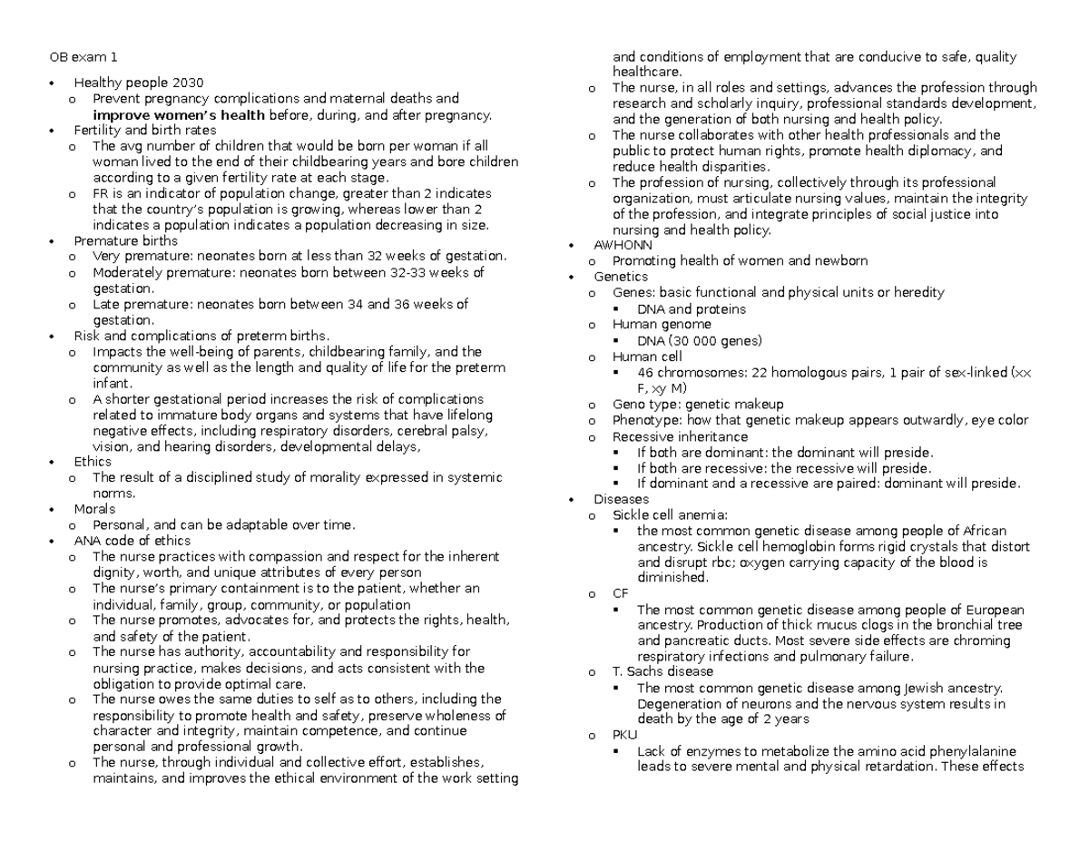 OB 101 Midterm Exam 1: Key Concepts in Women's Health & Pregnancy - Studocu