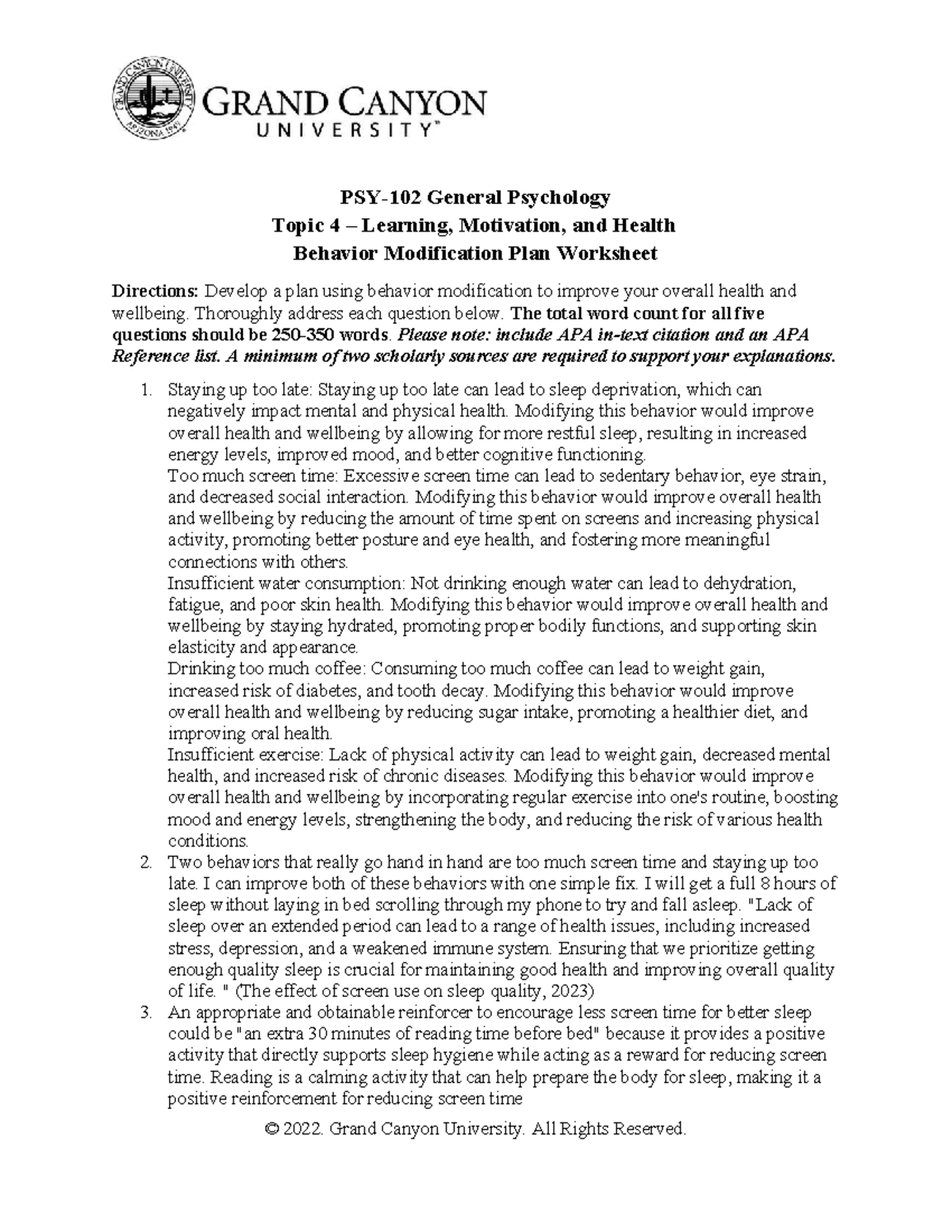 Behavior Modification Plan - PSY-102 General Psychology Topic 4 ...