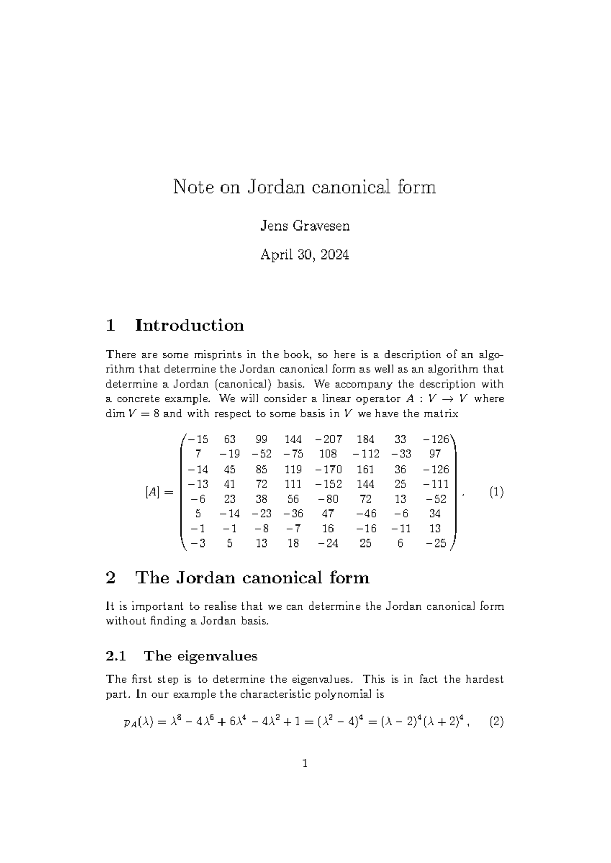 Jordan Canonical Form: Effective Algorithms and Examples - Studocu