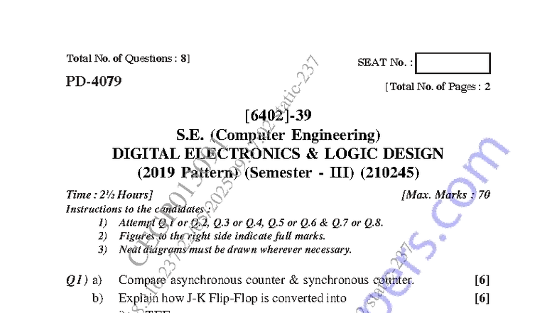 Digital Electronics & Logic Design (C.E. 210245) Exam Paper 2019 - Studocu