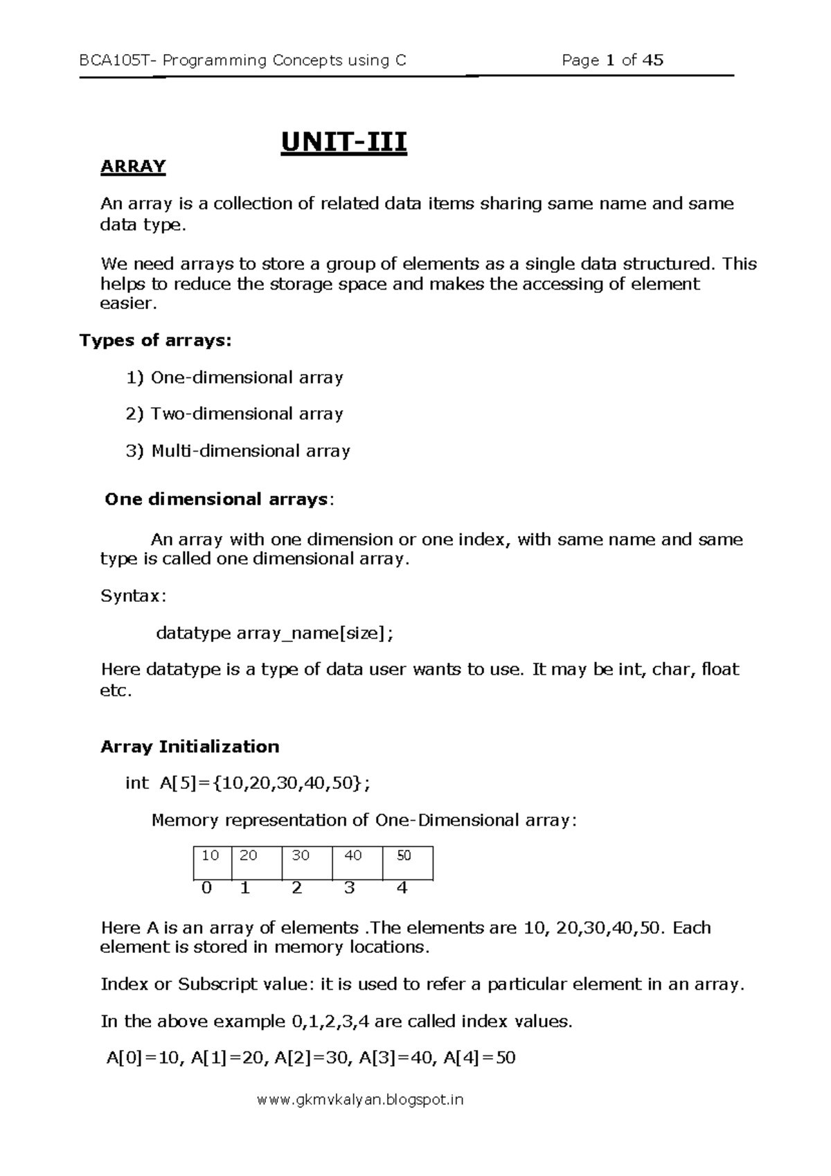 Unit 3 C - basics of C fundamentals of programming - UNIT-III ARRAY An ...