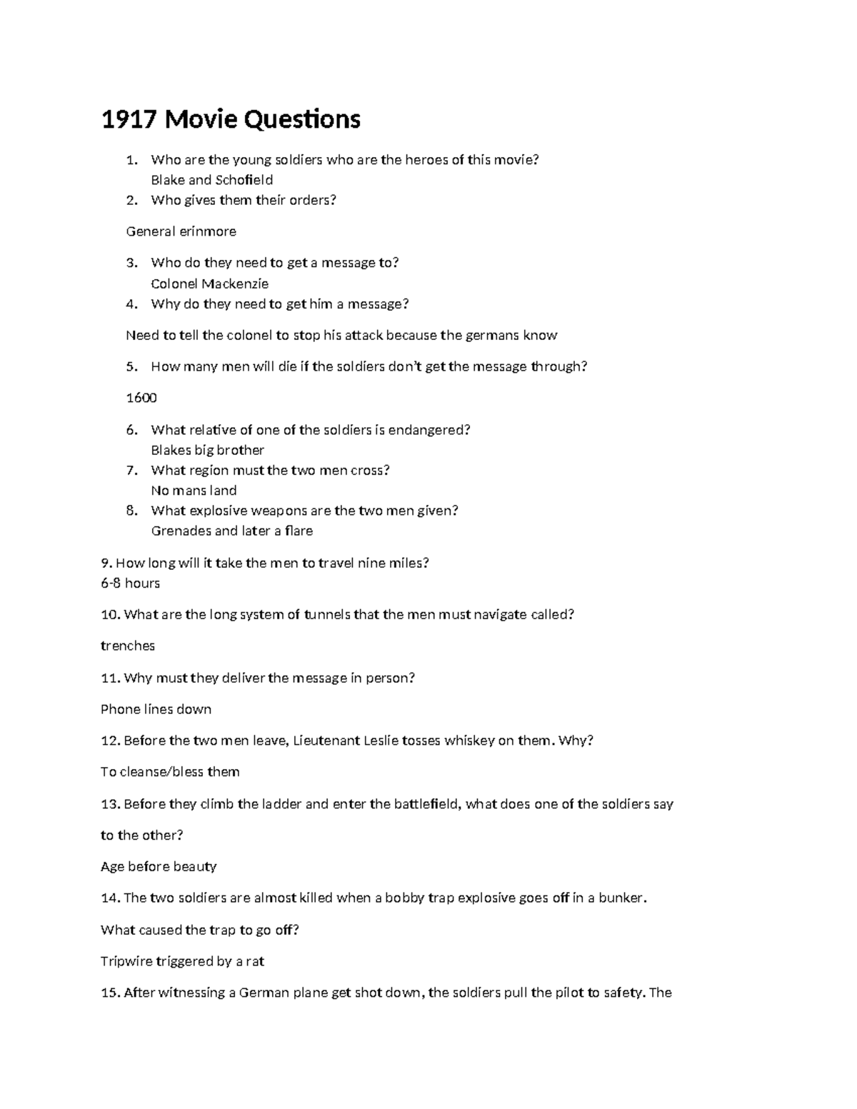 1917 Movie Analysis Questions and Key Plot Points - Studocu