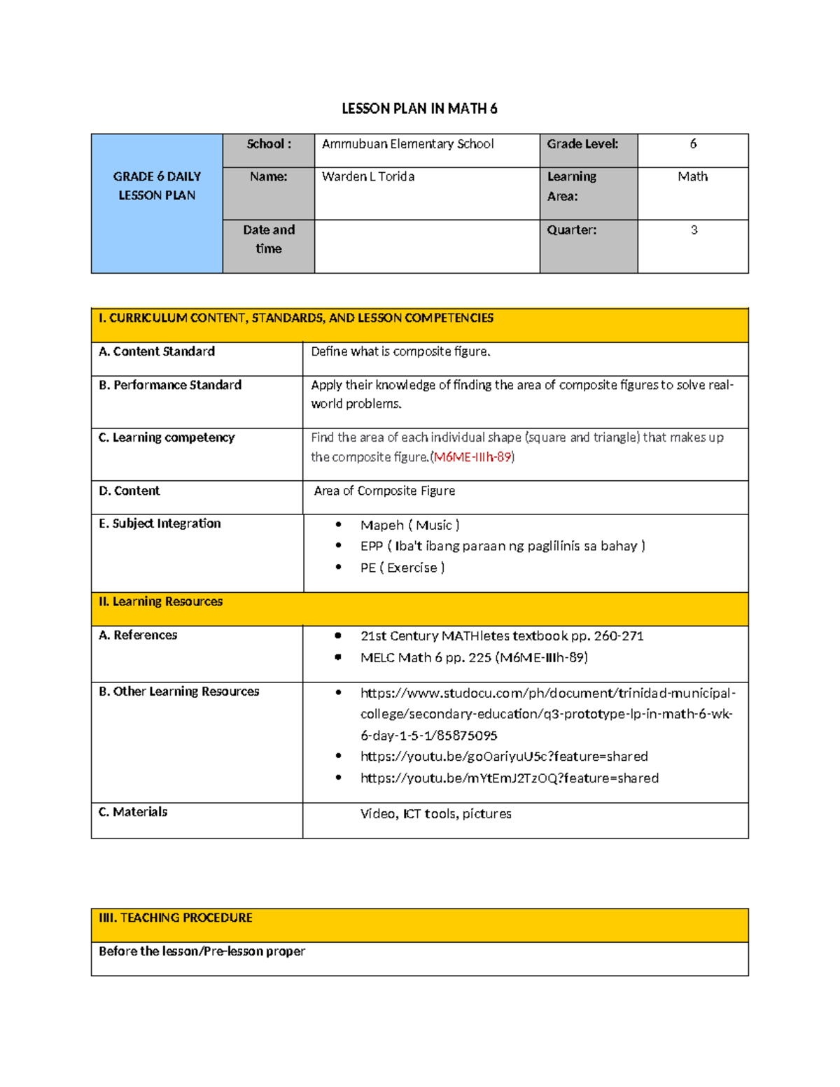 Lesson Plan: Area of Composite Figures for Math 6 (WPS Office) - Studocu