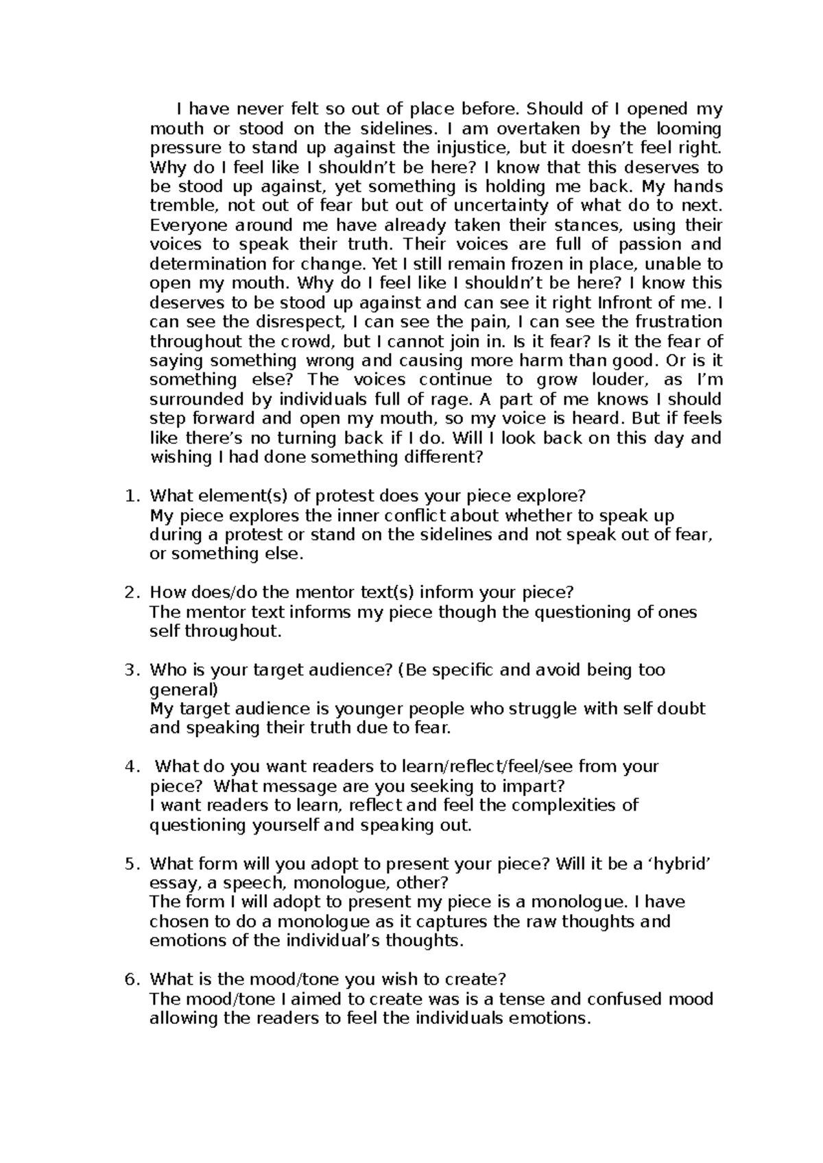 Week 8 - Formative Monologue on Inner Conflict in Protests - Studocu