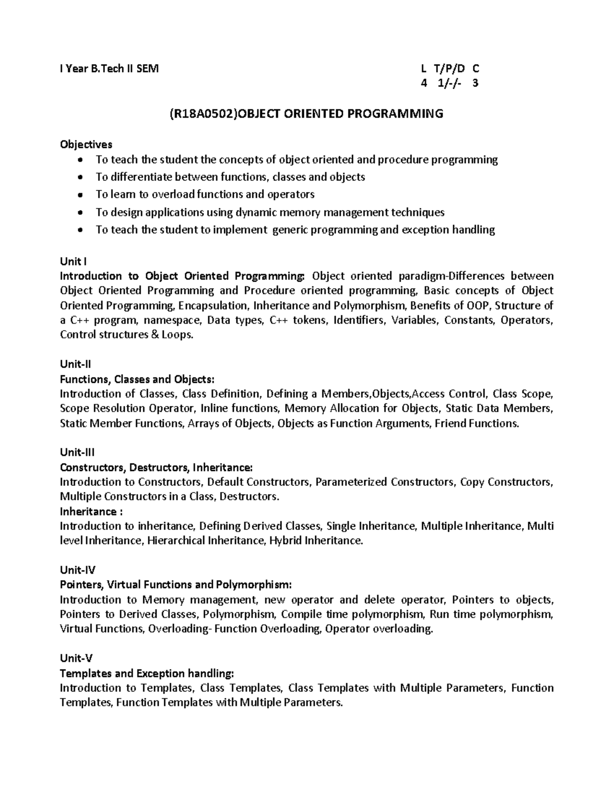 I Year B.Tech II SEM L C 4 3 (R18A0502) OOPs Comprehensive Notes - Studocu
