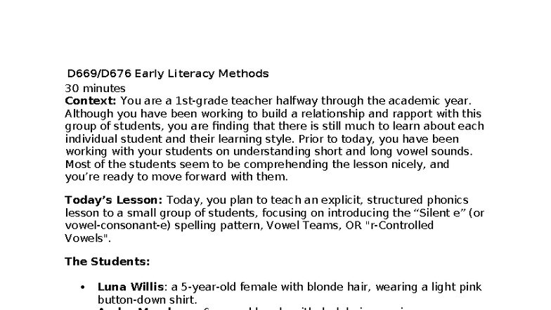 D669 Early Literacy Methods: Teaching 