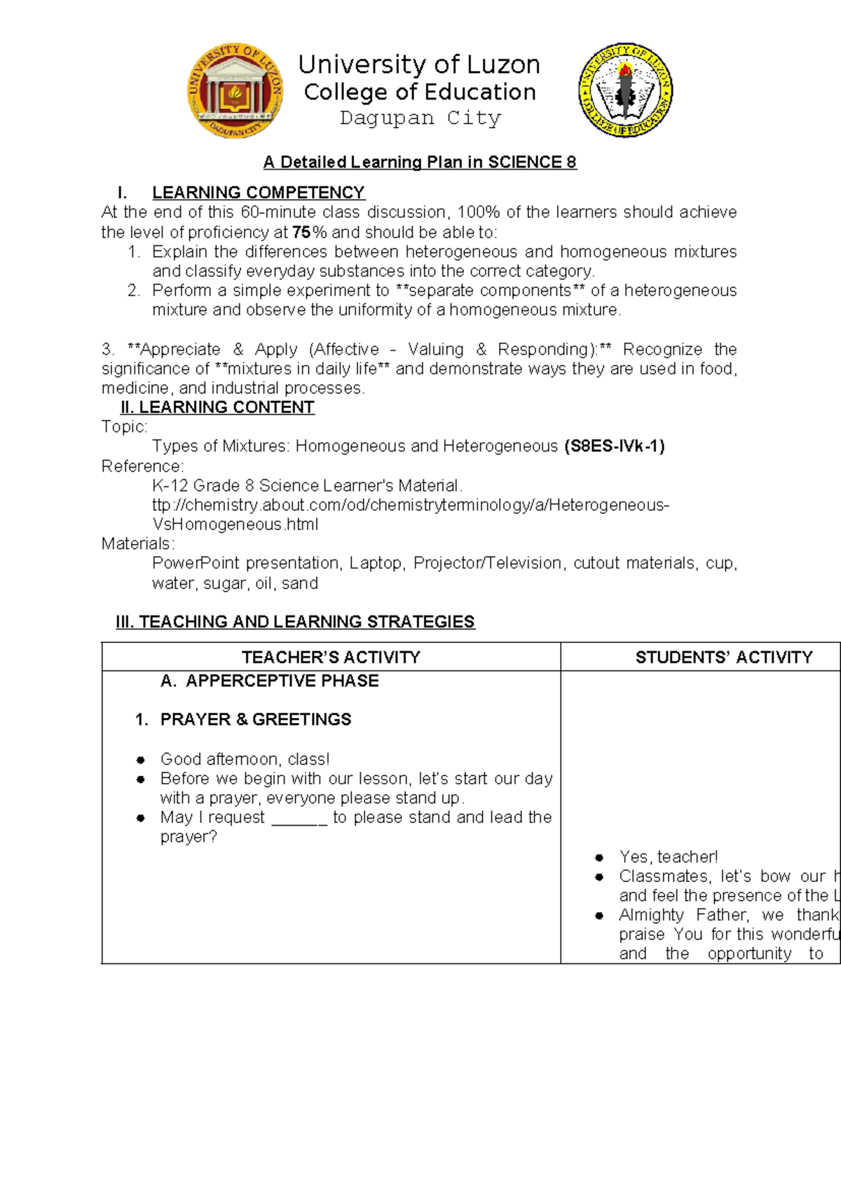 SCI 8: Detailed Learning Plan on Mixtures - Homogeneous & Heterogeneous ...