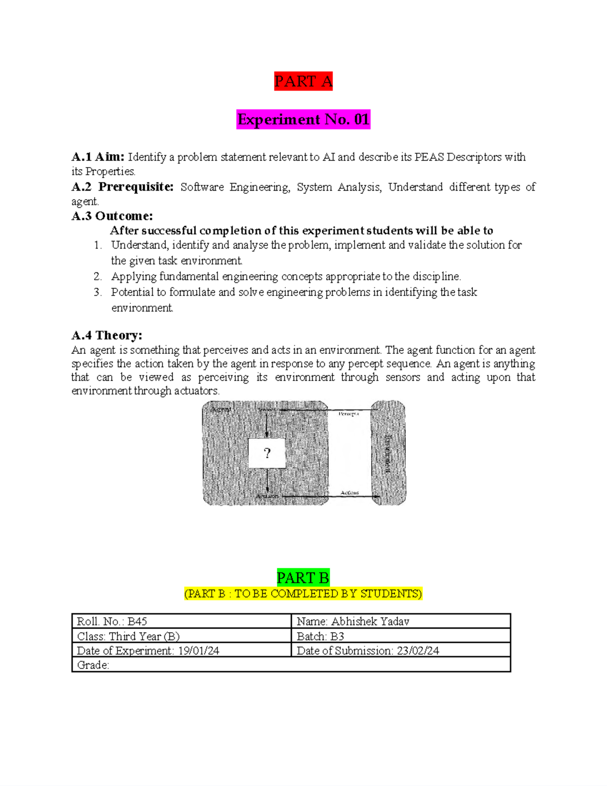 B45- Experiment No. 1(AI) - PART A Experiment No. 01 A Aim: Identify a ...