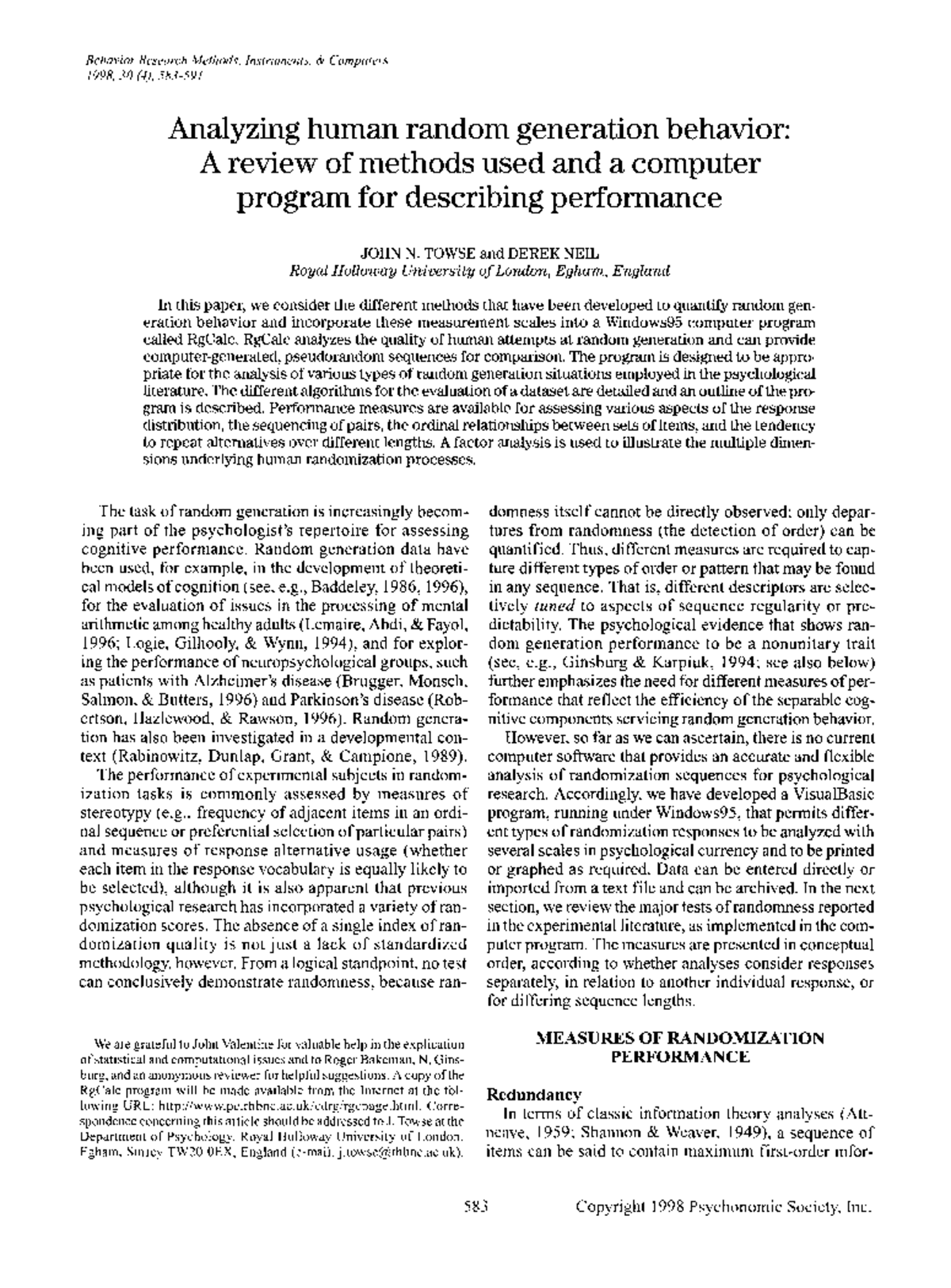 Analyzing Human Random Generation Behavior: Methods & Software Insights ...