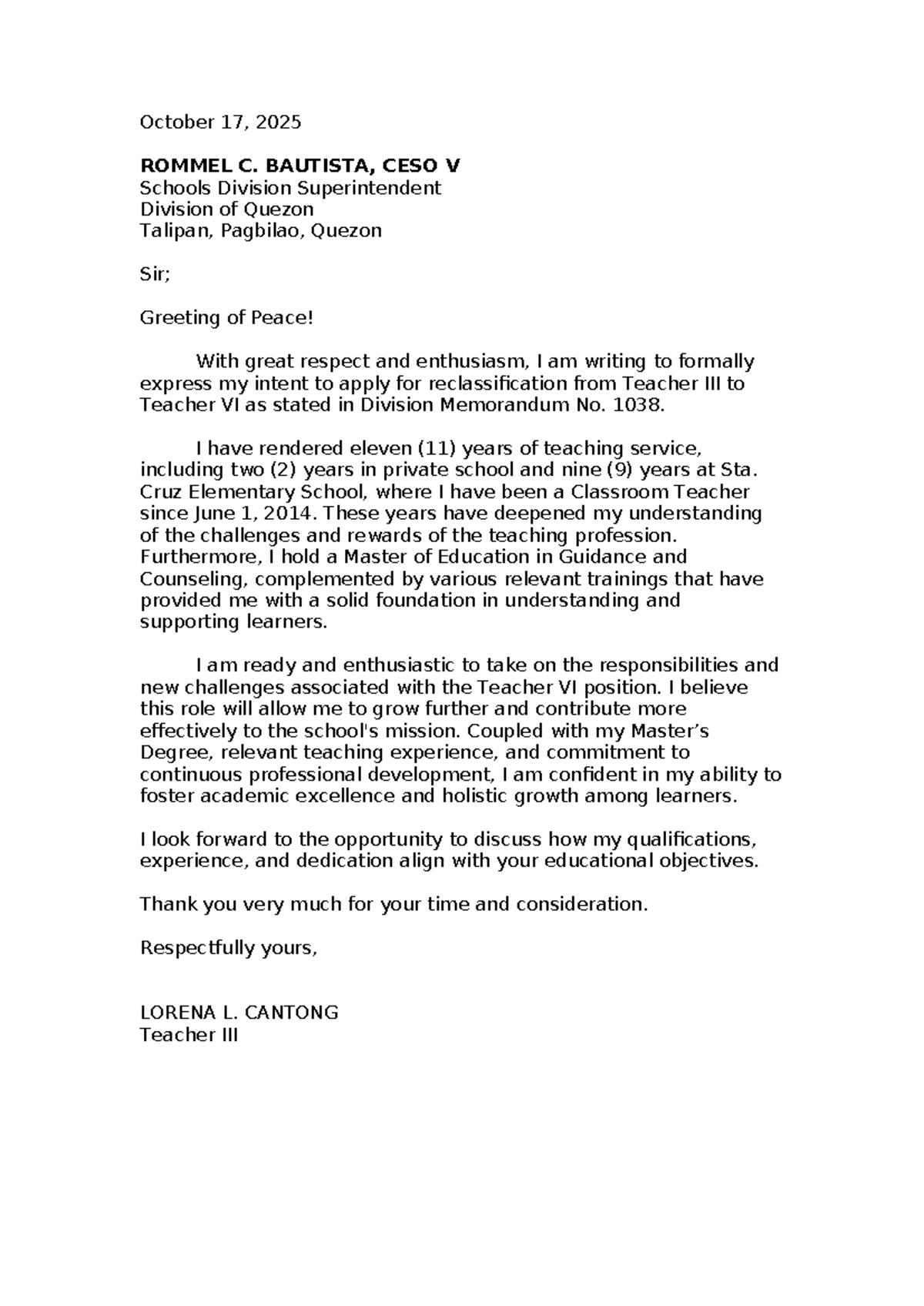 Application for Reclassification to Teacher VI - Pertinent Letters ...