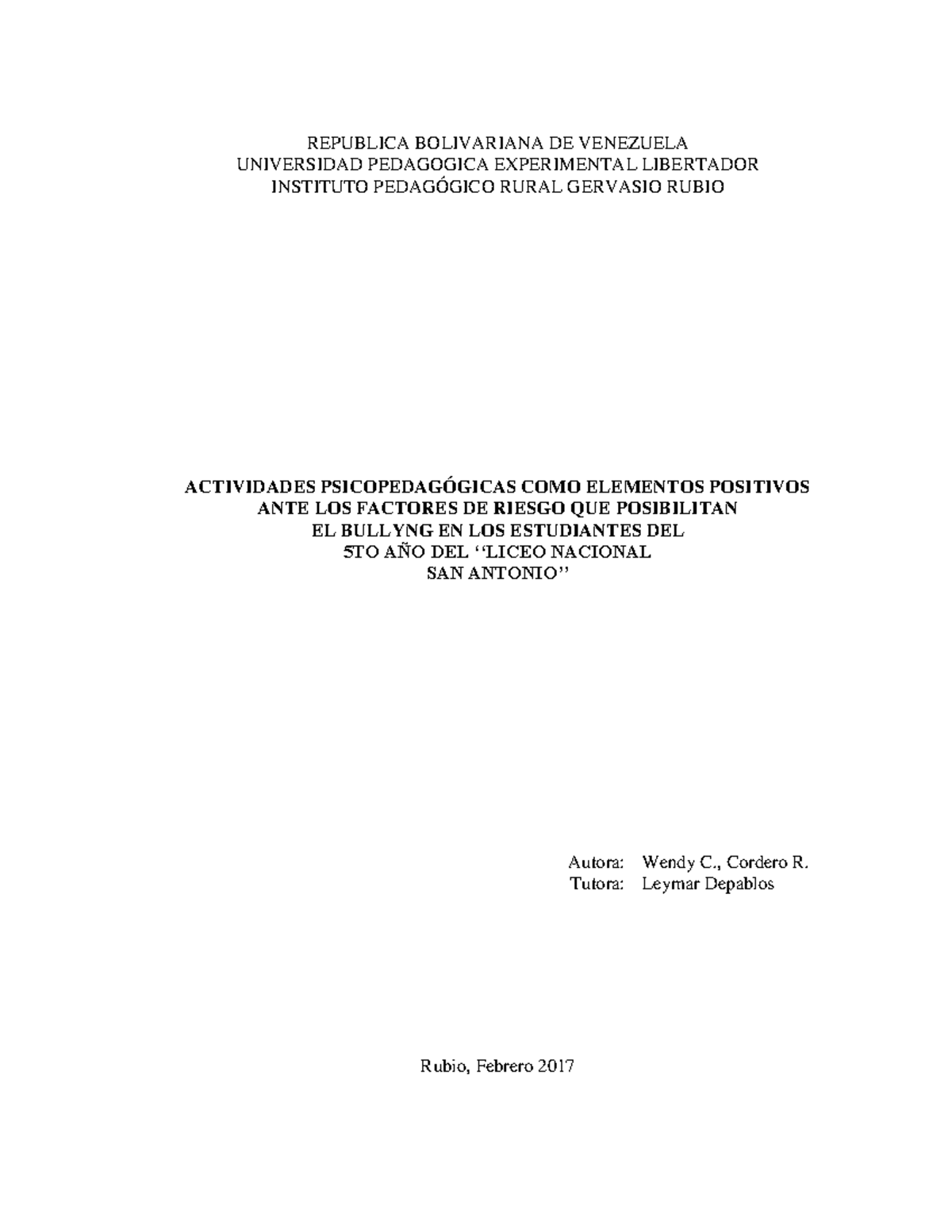 Actividades Psicopedagógicas y Bullying en Estudiantes de 5to Año - Tesis - Document Preview