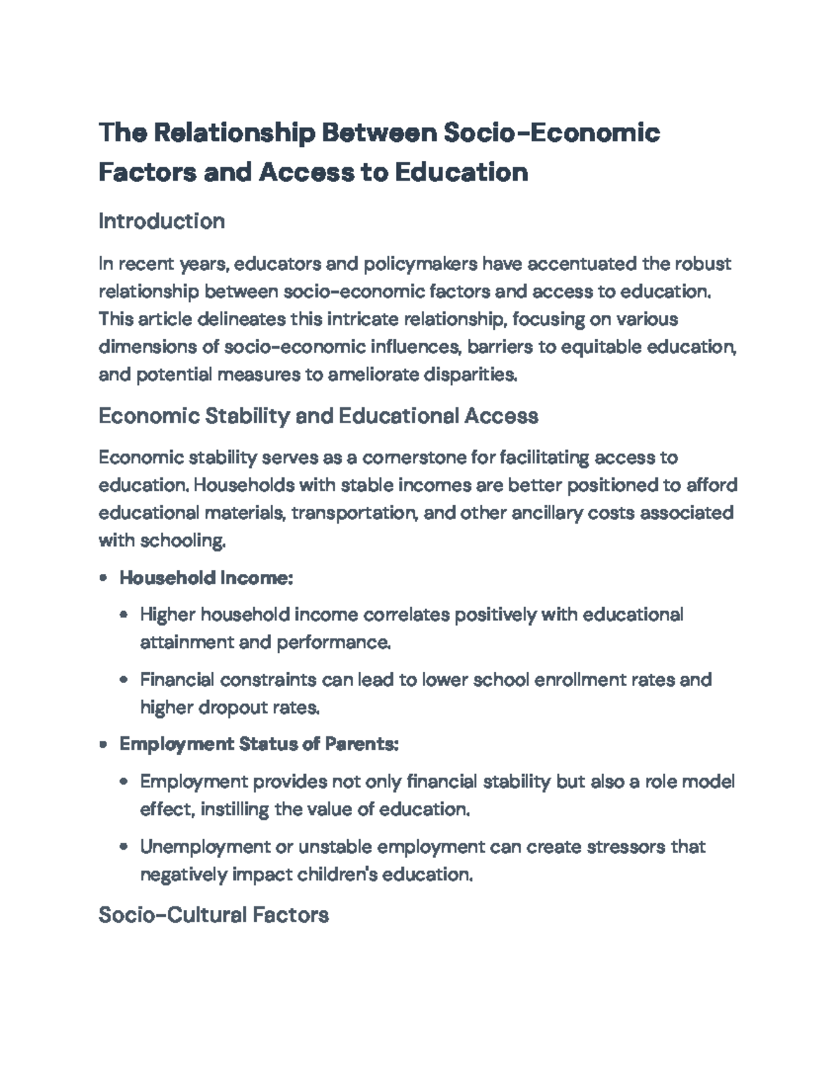 The Impact of Socio-Economic Factors on Access to Education - The ...