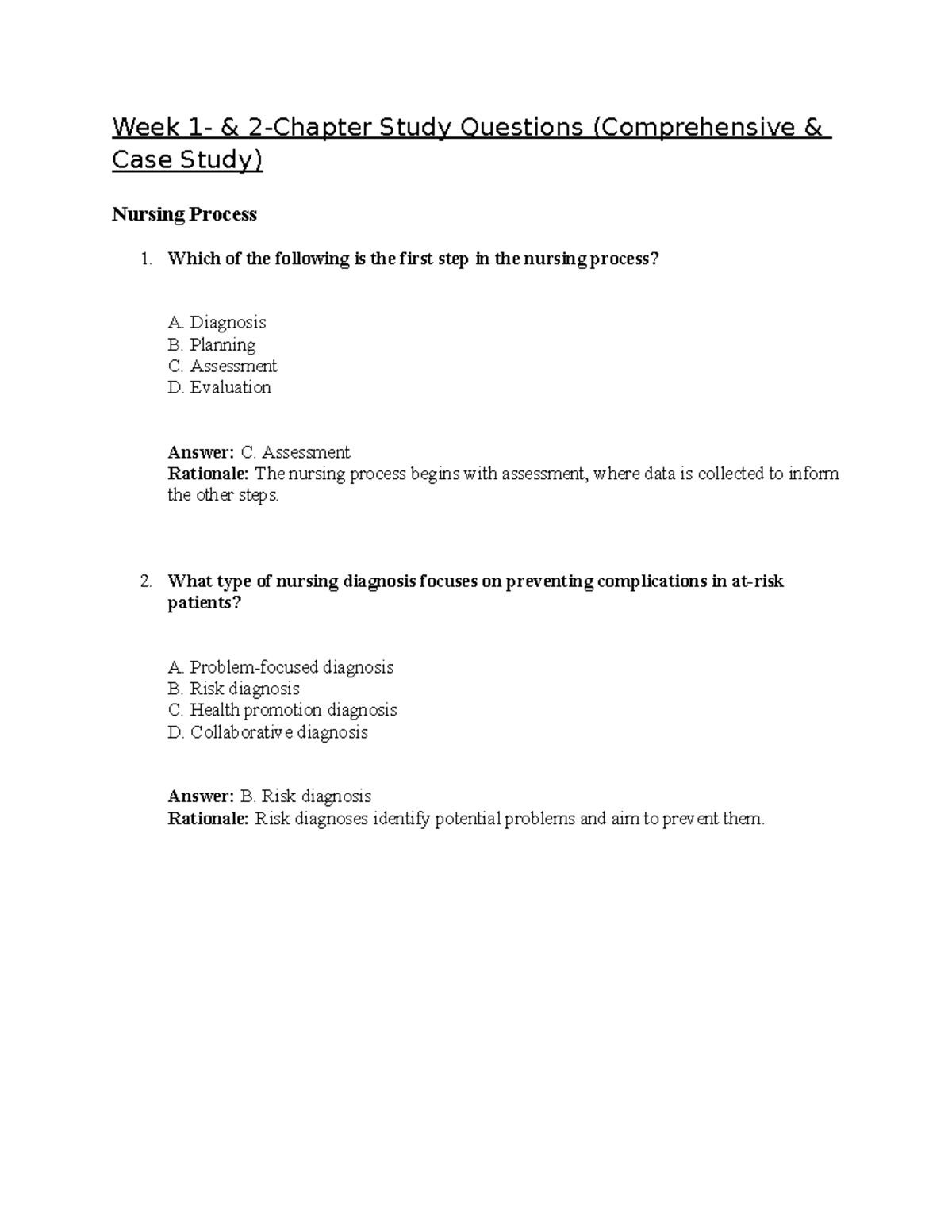 WK 1 & 2 Nursing Process Study Questions and Case Studies - Studocu
