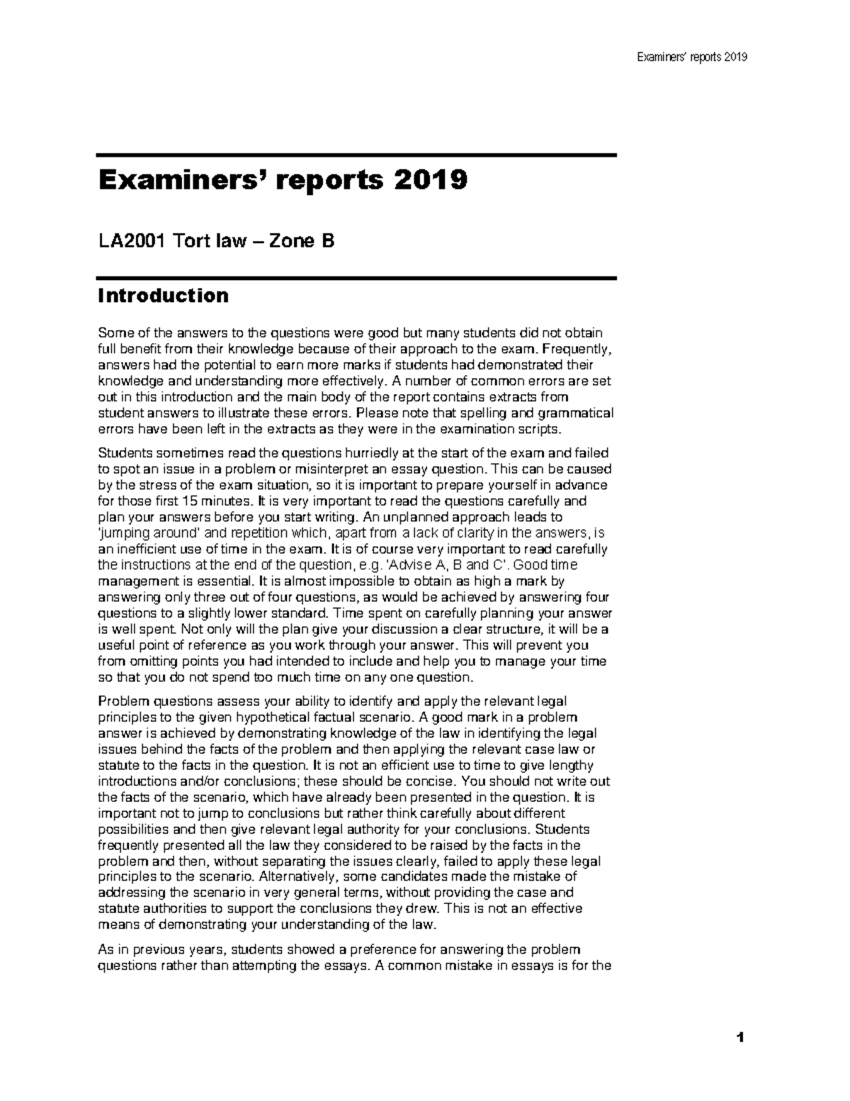 LA 2001 Tort Law Exam Report 2019 - Zone B Insights and Analysis - Studocu