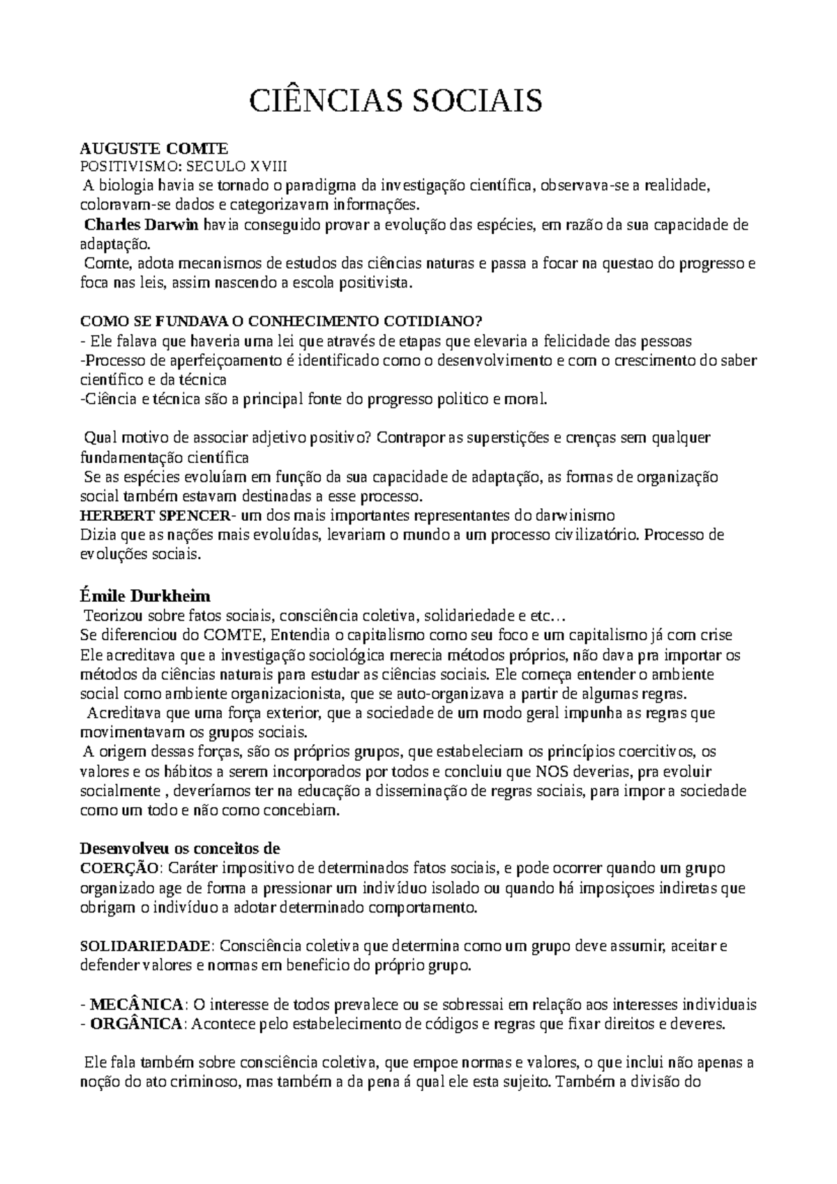 Resumo sobre Ciências Sociais: Positivismo e Teorias Sociológicas - Studocu