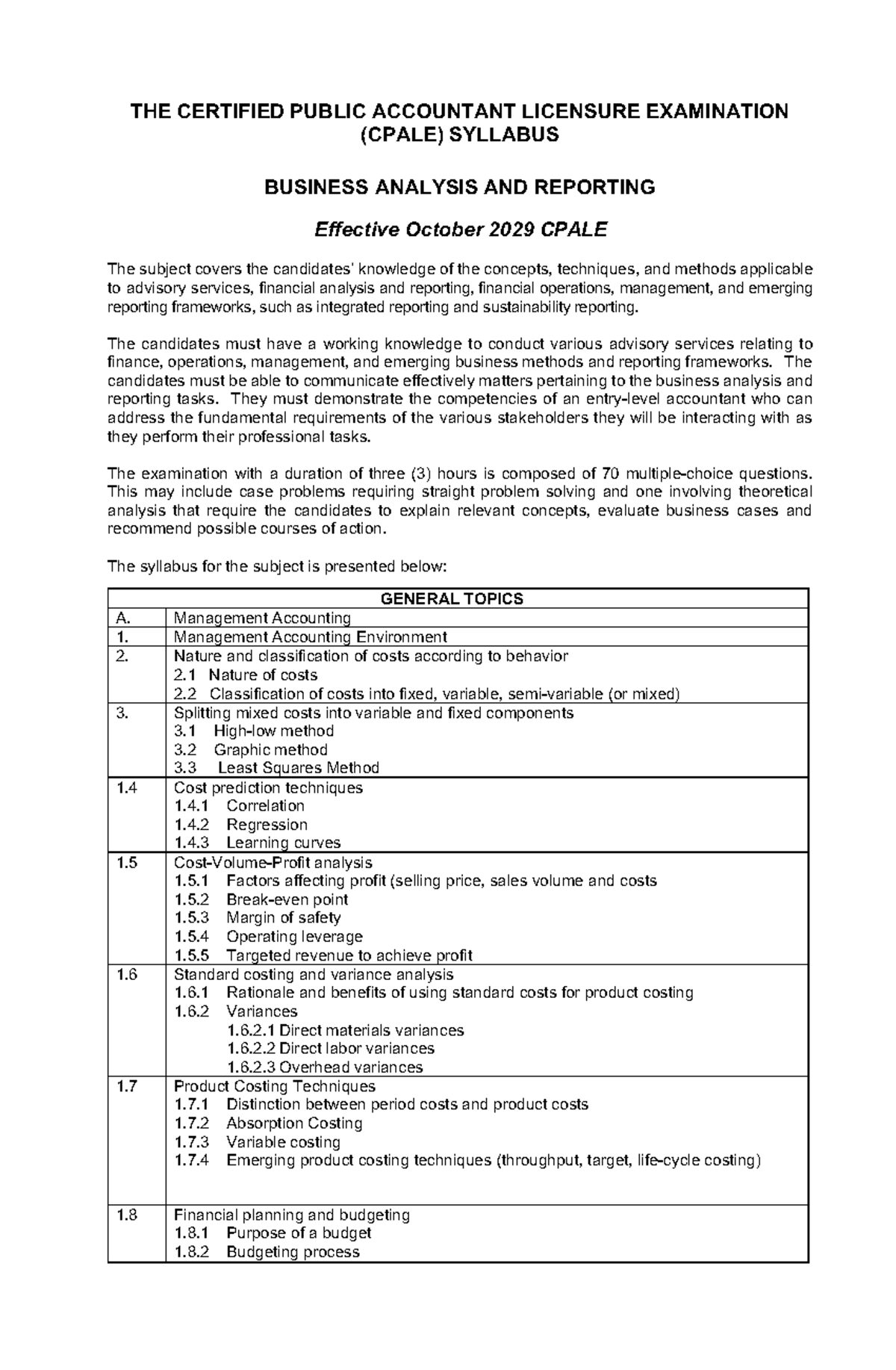 CPALE 2029 Syllabus: Business Analysis & Reporting Overview - Studocu