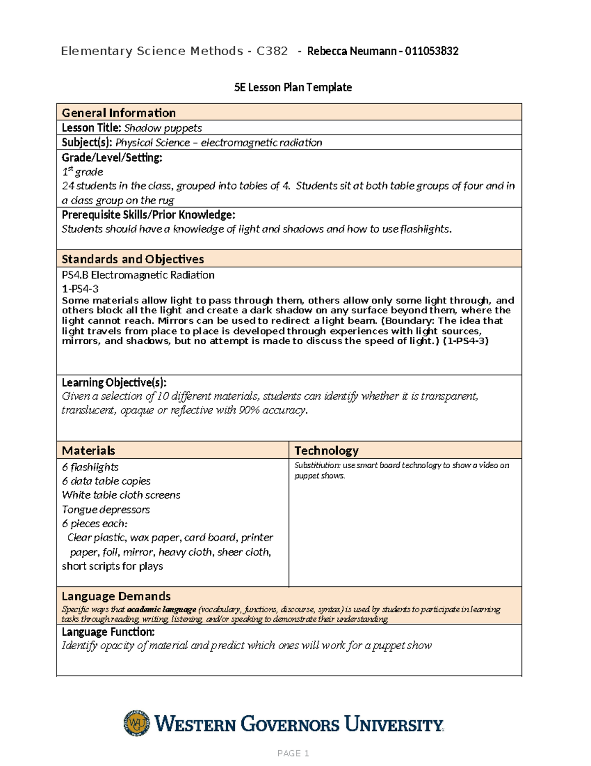 Task 1 - 5E lesson Plan for Shadow Puppets - Physical Science ...