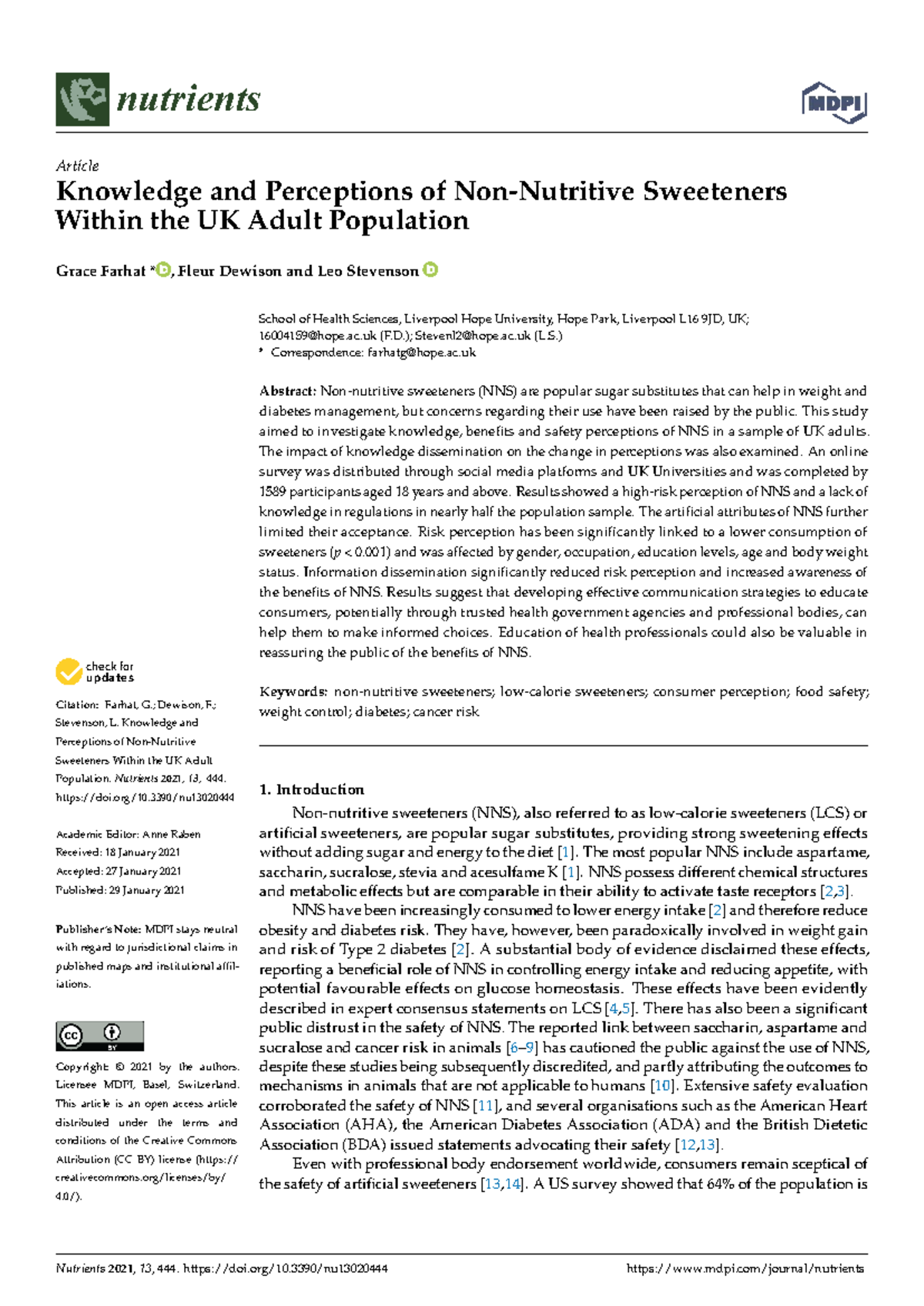 Knowledge and Perceptions of Non-Nutritive Sweeteners in the UK Adult ...