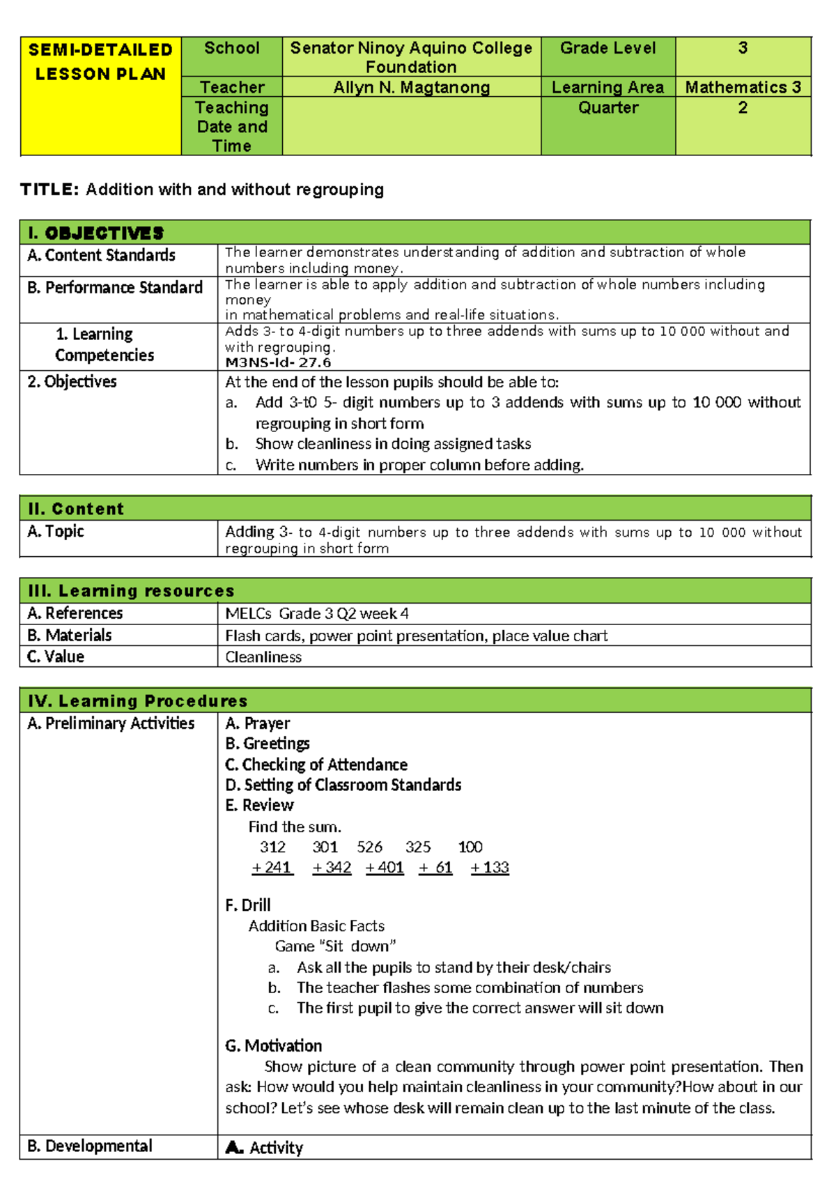 Grade 3 Math Lesson Plan: Addition with/without Regrouping - Studocu
