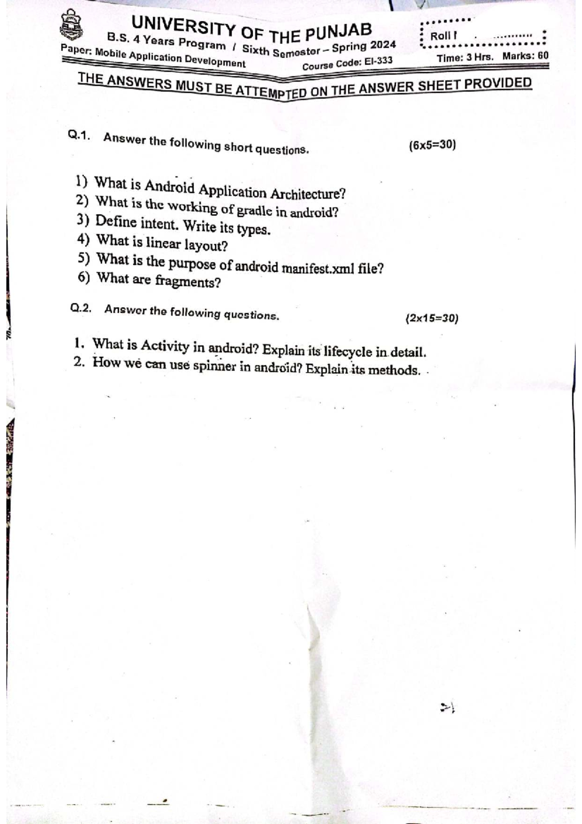 B.S. 4 Years Program: MAD Paper Spring 2024 - University of Punjab ...
