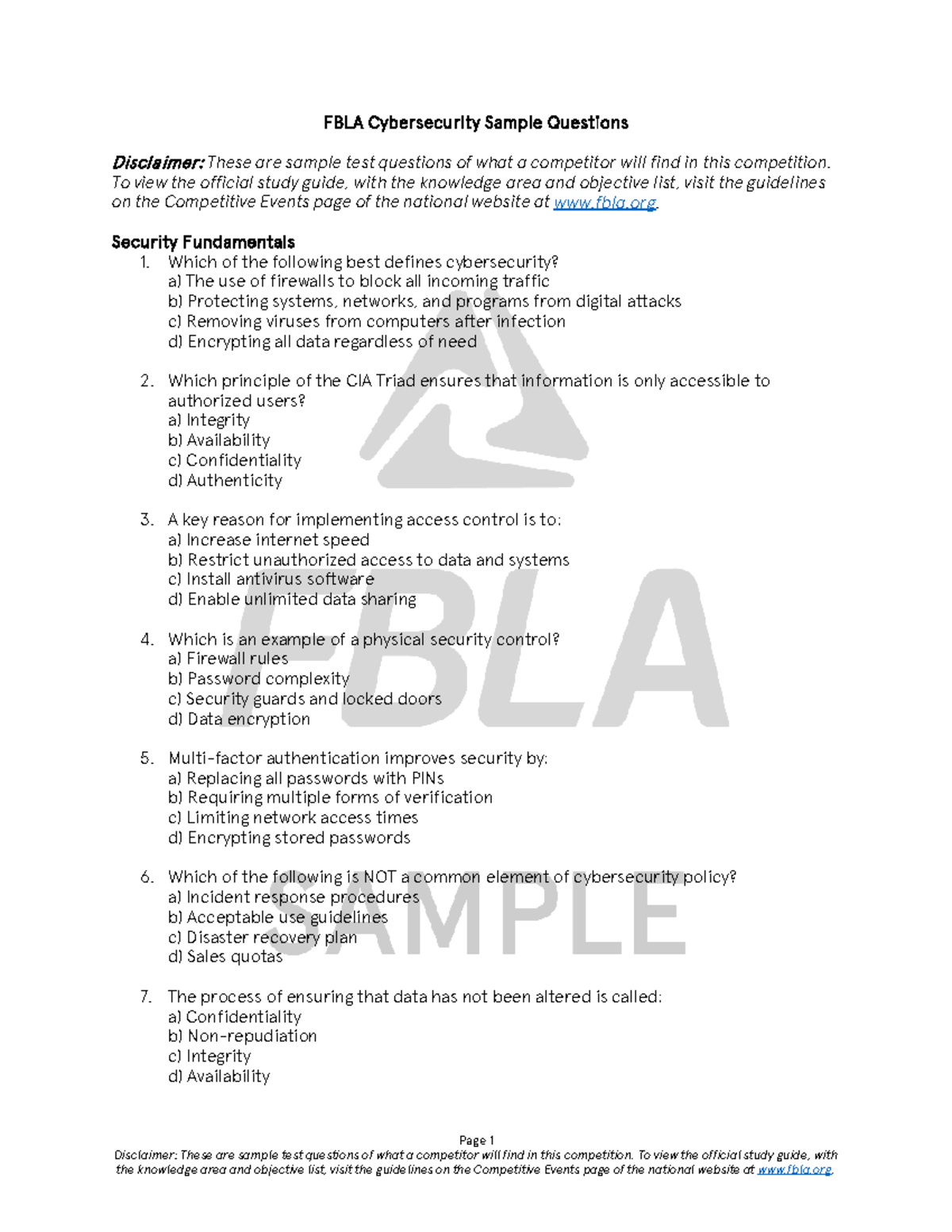 FBLA Cybersecurity Sample Test Questions and Answers - Studocu