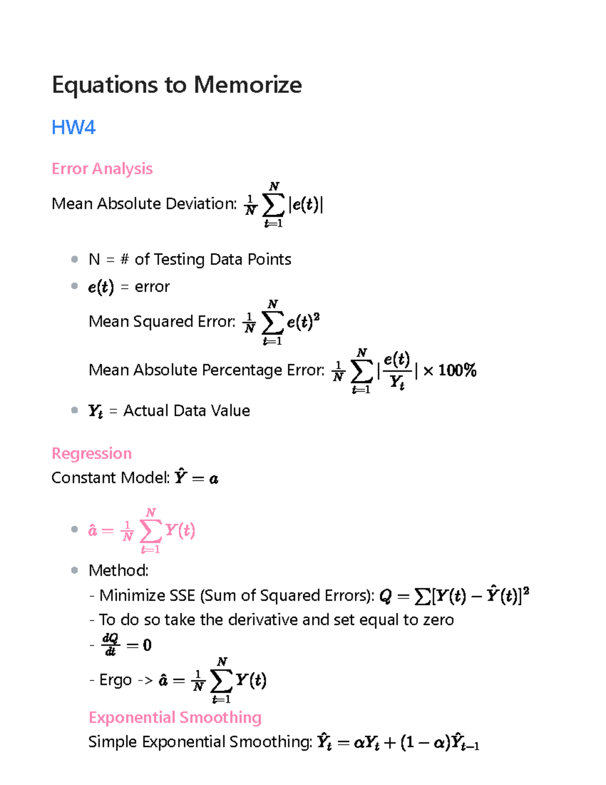 Exam Study Guide 2 - Equations to Memorize HW Error Analysis Mean ...