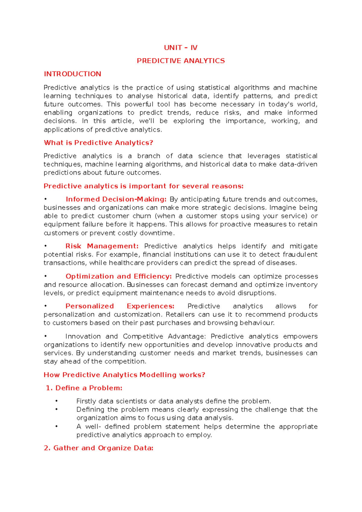 UNIT IV: Introduction to Predictive Analytics and Its Applications ...