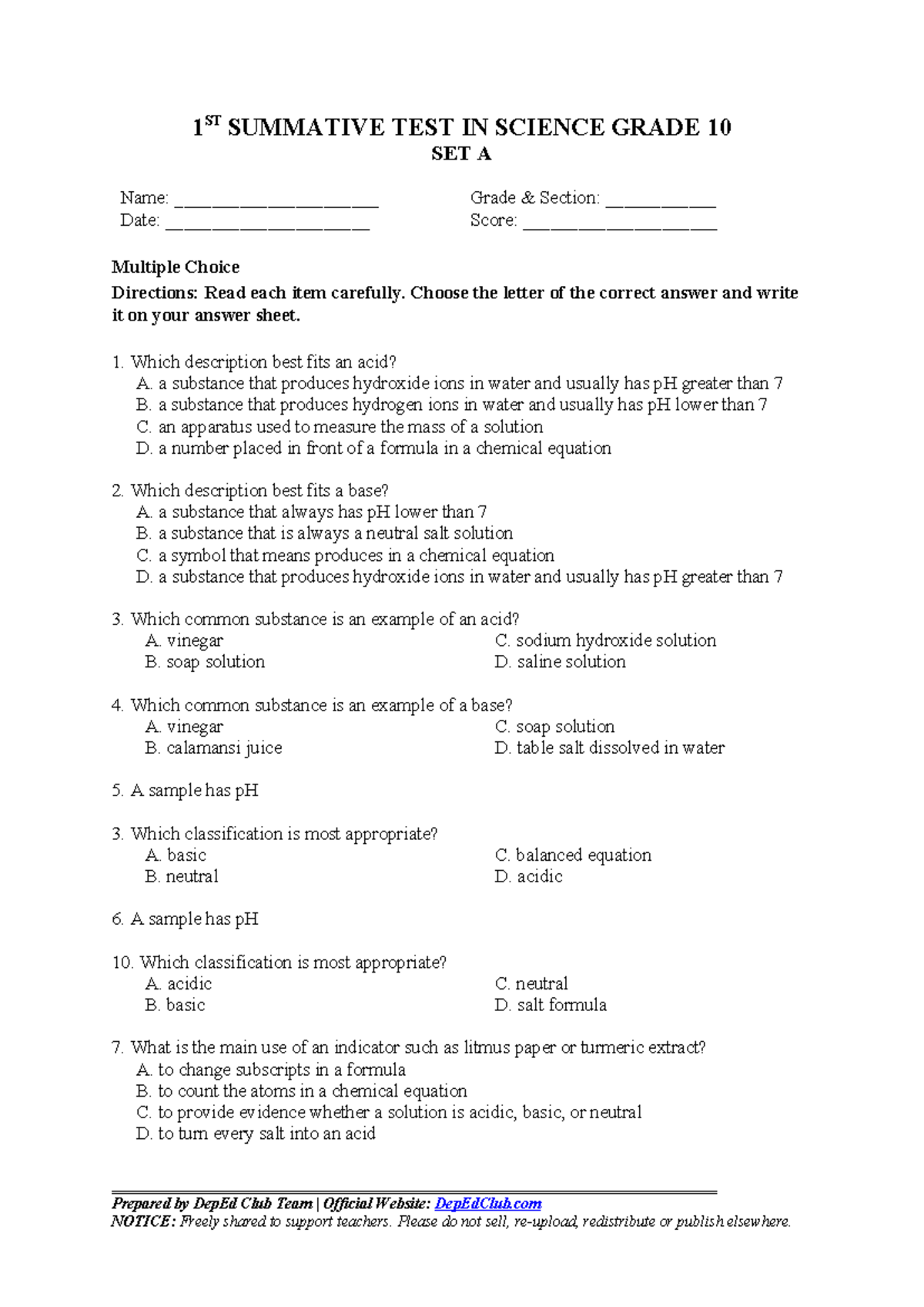 1ST SUMMATIVE TEST IN SCIENCE GRADE 10 SET A - Studocu