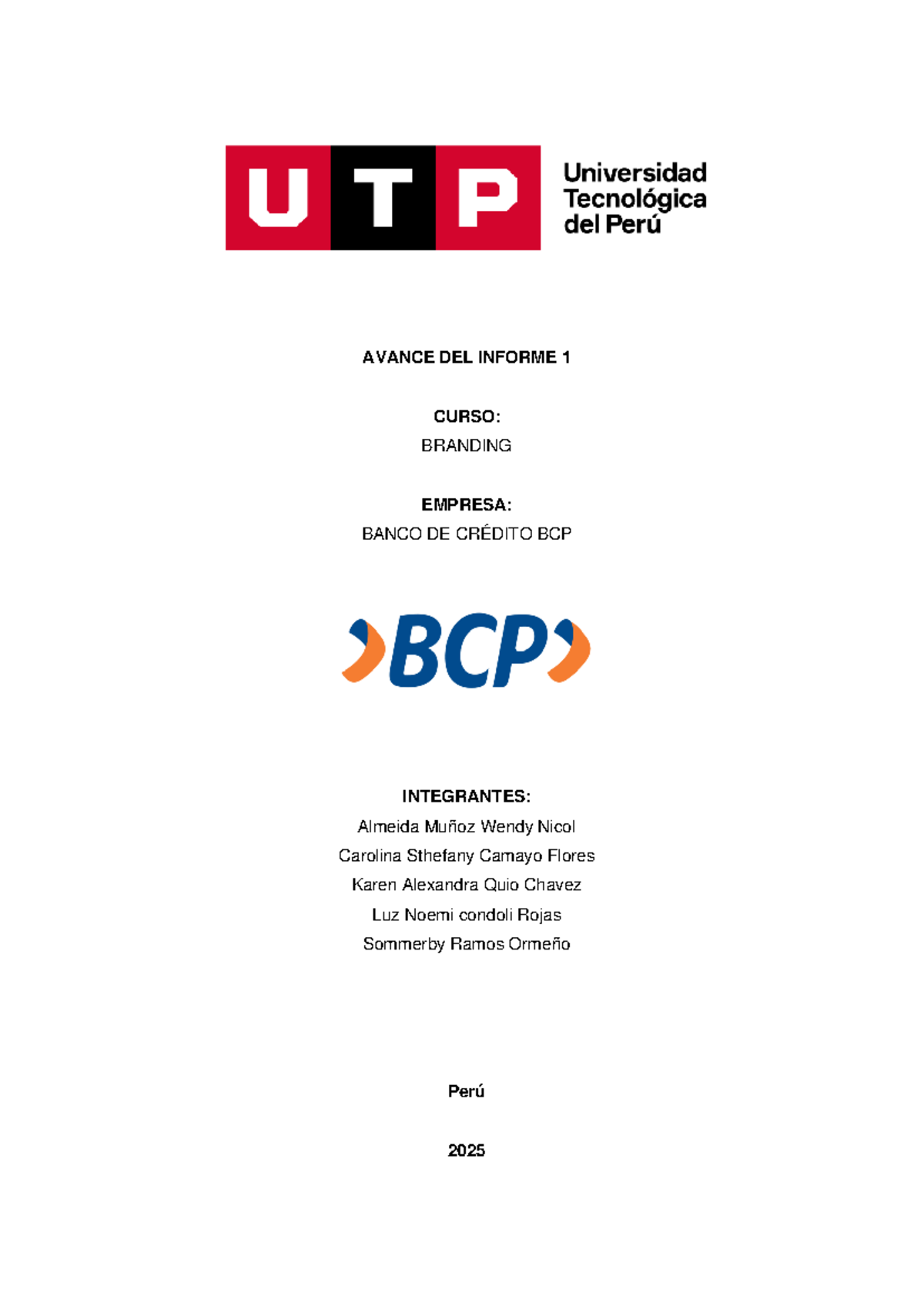 AVANCE DEL INFORME 1 - CURSO: BRANDING - BANCO DE CRÉDITO BCP - Document Preview