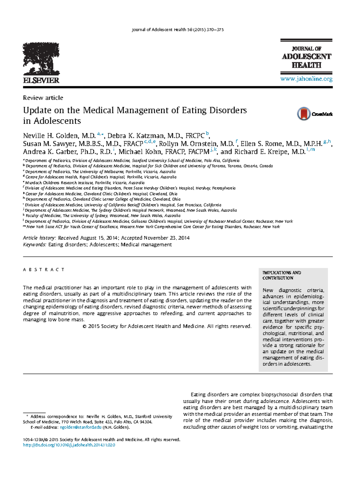 Update on Medical Management of Eating Disorders in Adolescents ...