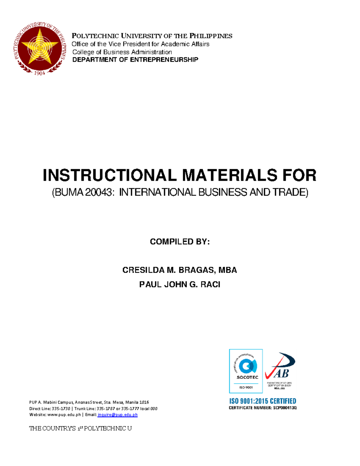 BUMA 20043: International Business and Trade Instructional Materials - Document Preview