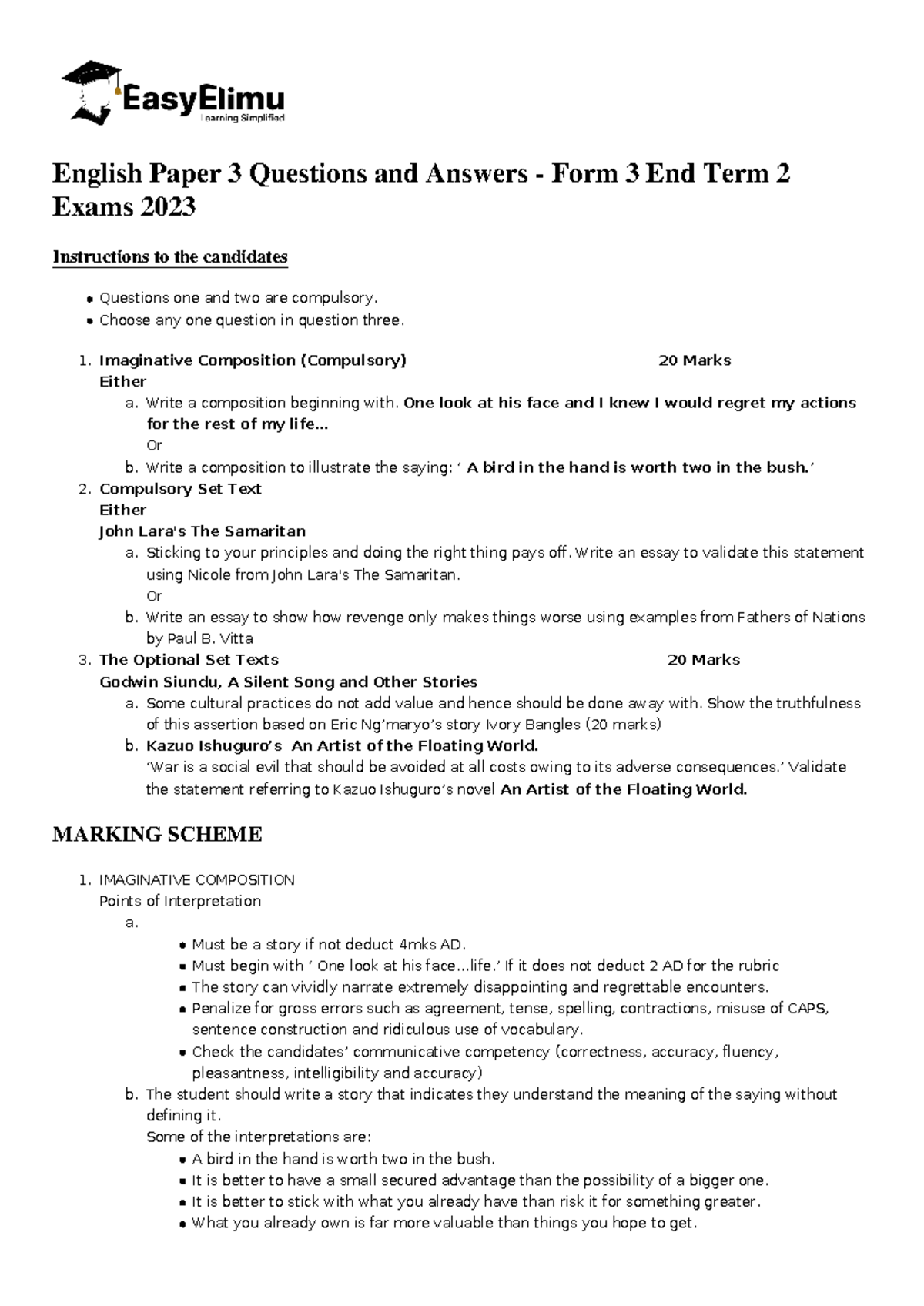 Form 3 English Paper 3 Q&A - End Term 2 Exams 2023 - 7525 - Studocu