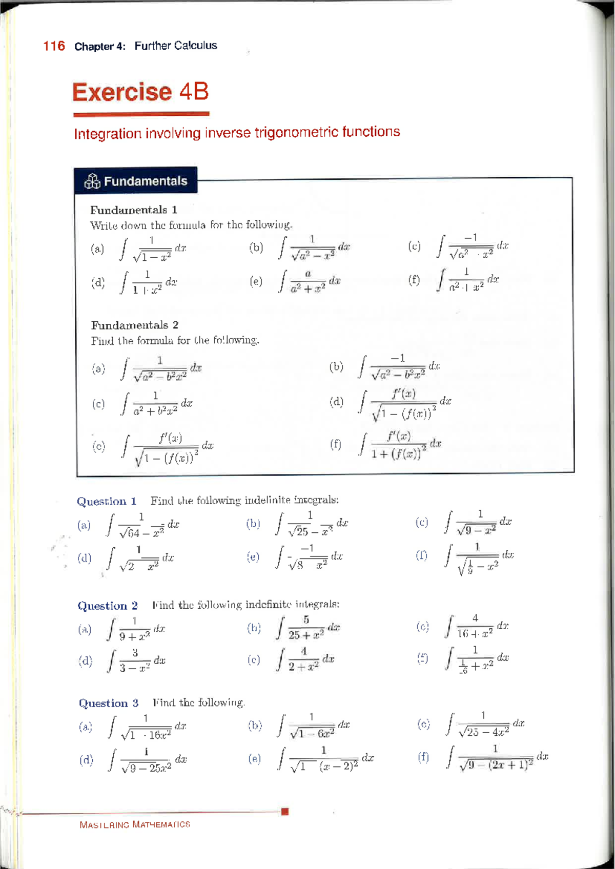 116 Calculus 4B: Inverse Trigonometric Functions Integration Exercises ...