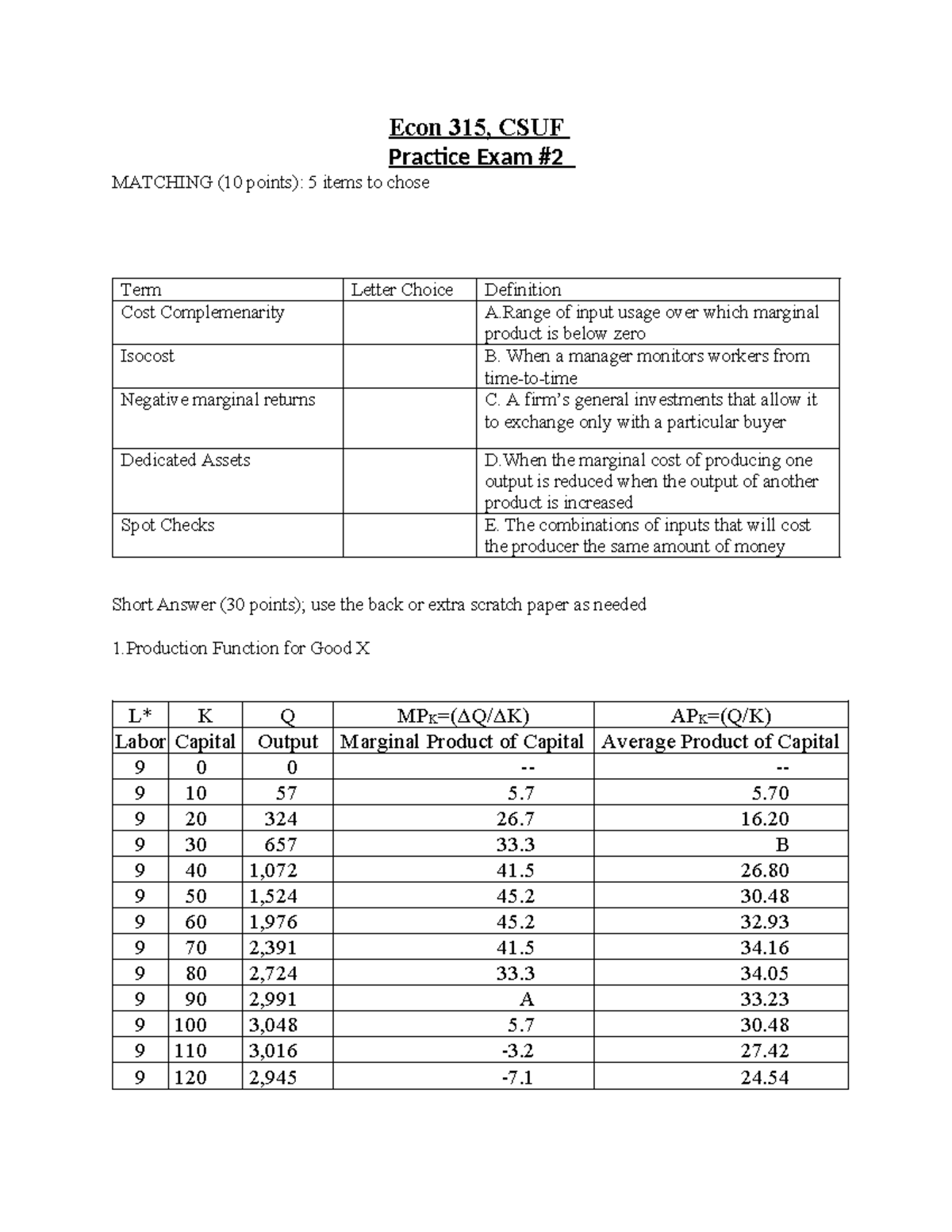 Practice Midterm 2 - Econ 315 - Fall 2024 Study Guide - Studocu