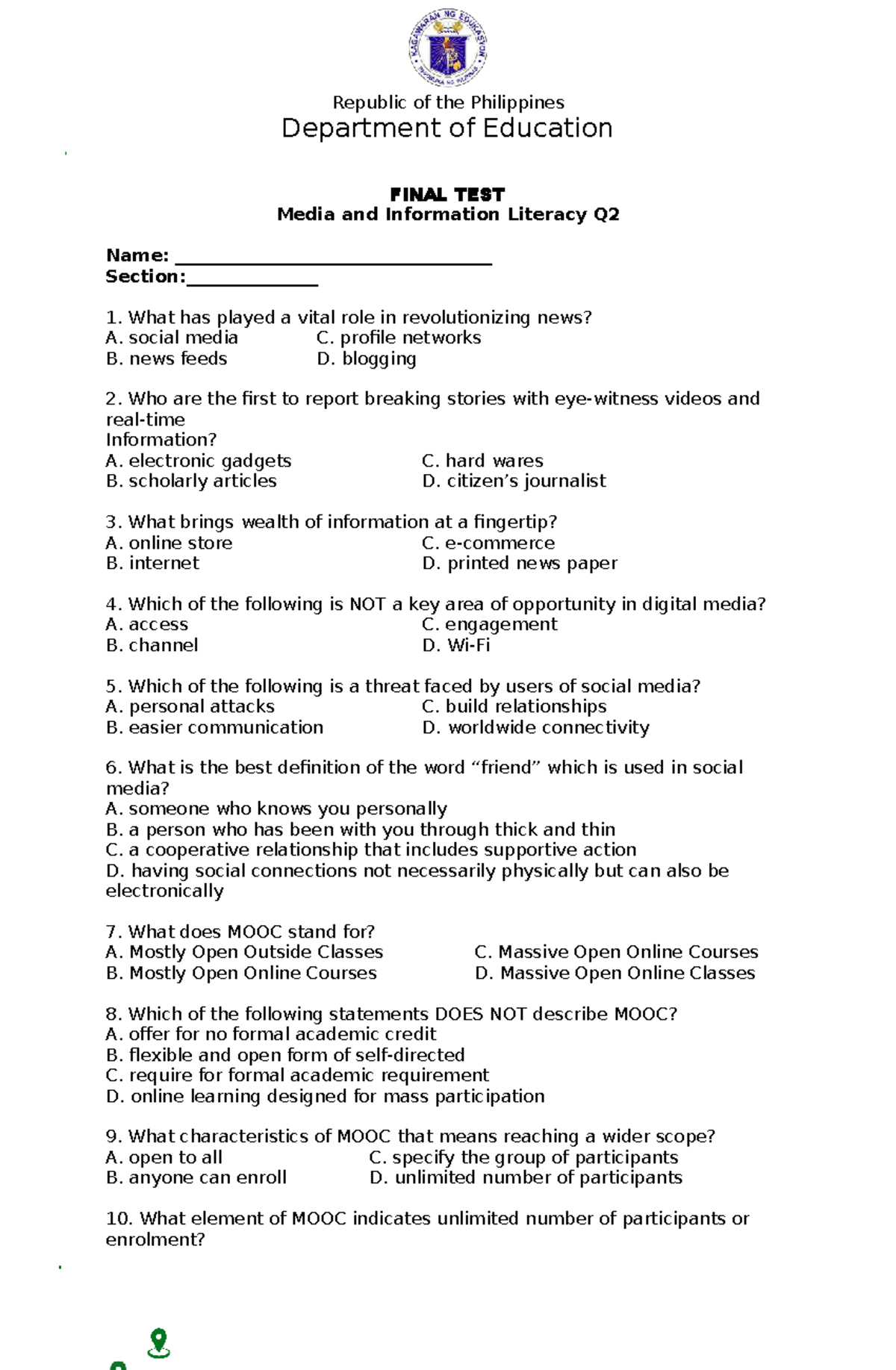 MIL Q4 - Media and Information Literacy Final Test Reviewer - Studocu
