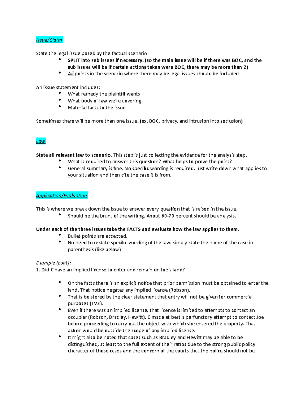 CIVL 302 - Cleo Formula Summary for Legal Issue Analysis - Studocu