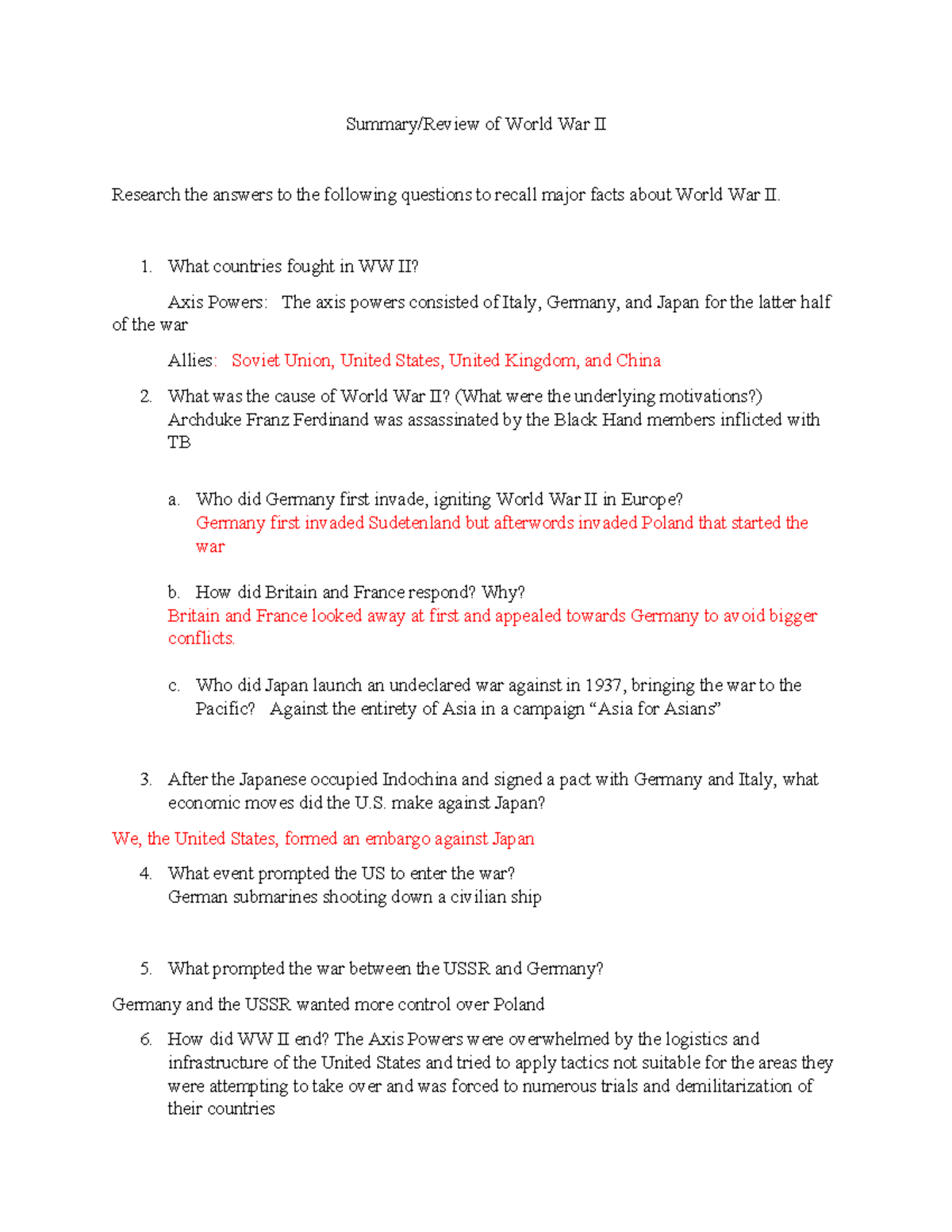 Review of WWII: Key Facts and Events - Studocu