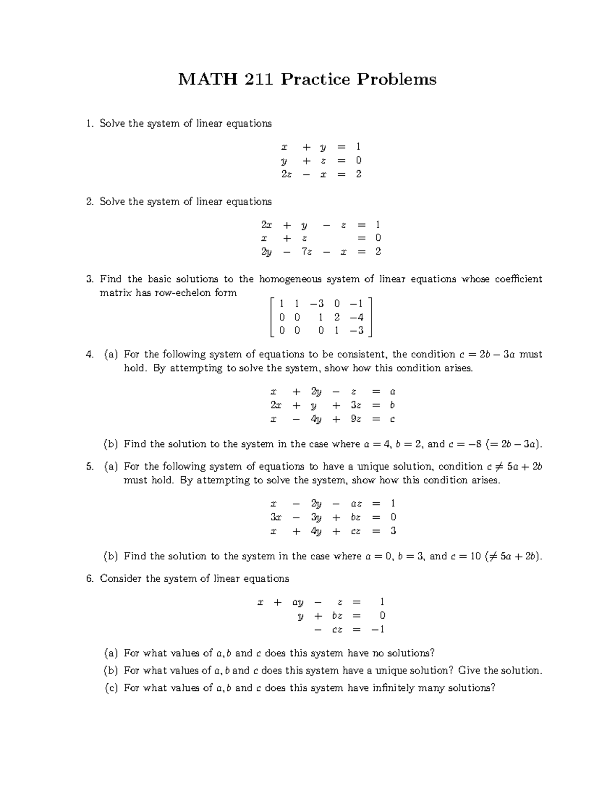 Linear Algebra-Practice-Problems - MATH 211 Practice Problems 1. Solve ...