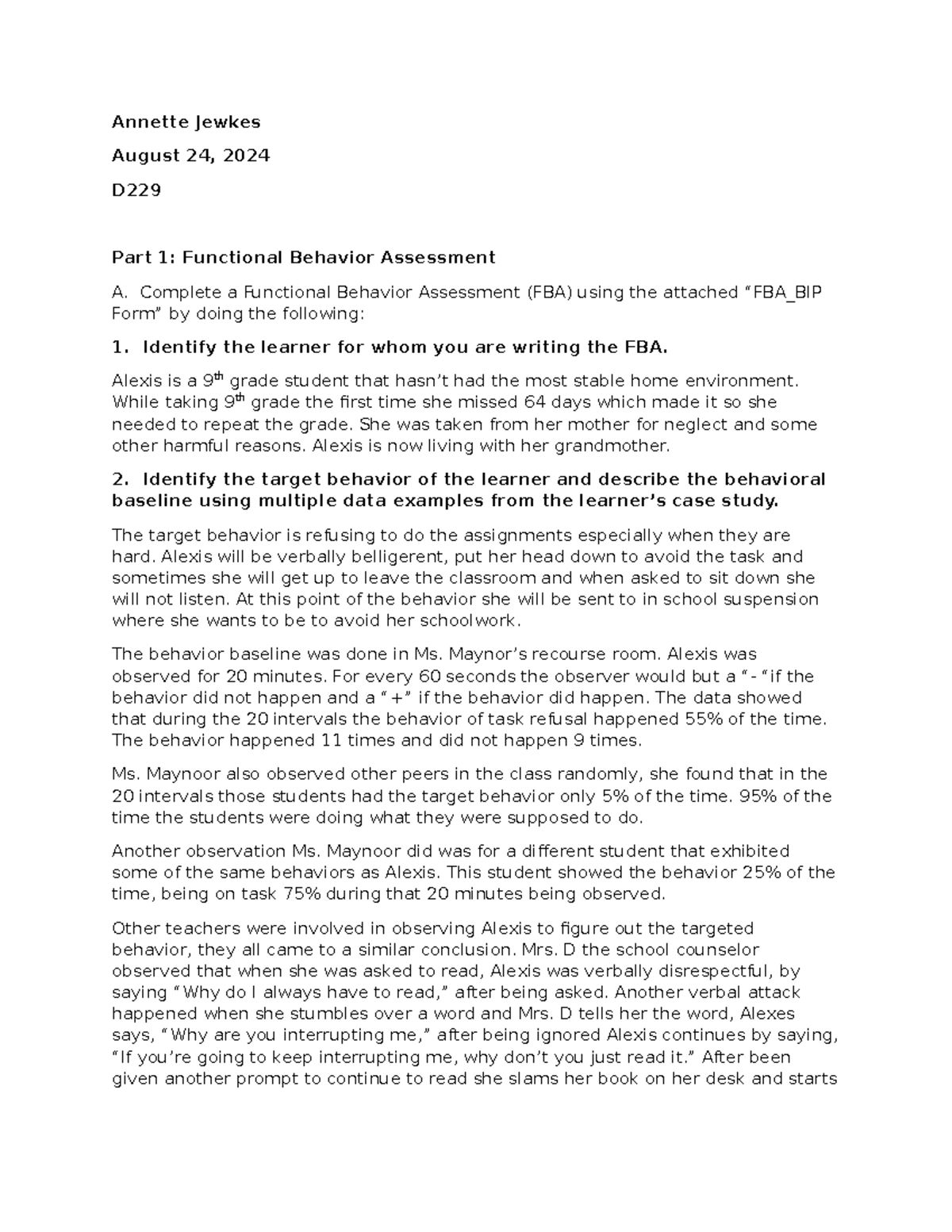 D299 Task 1 - Functional Behavior Assessment & Improvement Plan - Studocu