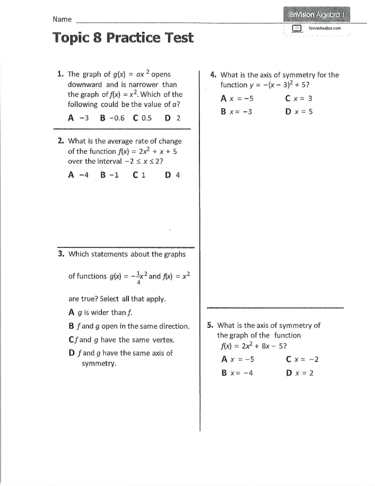 Topic 8 Practice Test Key for enVision Algebra 1 - SavvasRealize