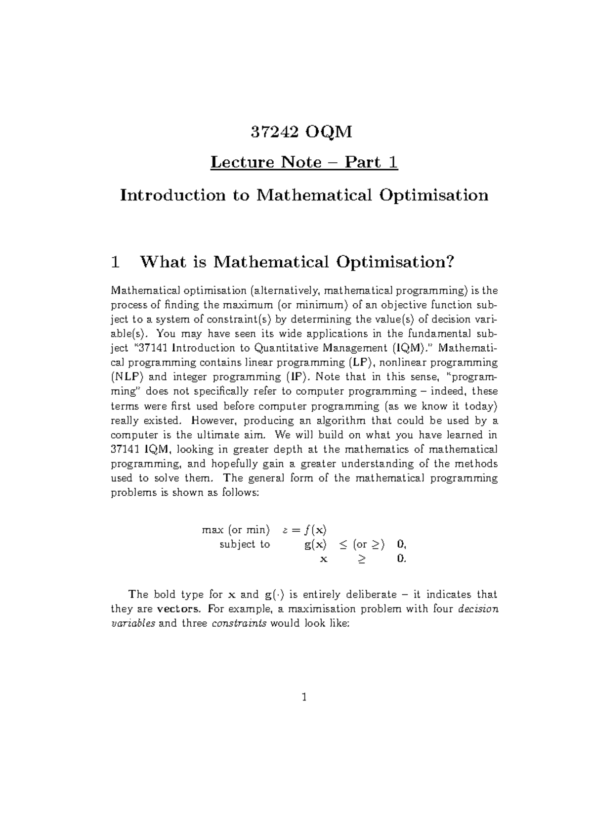 LN 1 - Lecture notes 1 - 37242 OQM Lecture Note – Part 1 Introduction ...