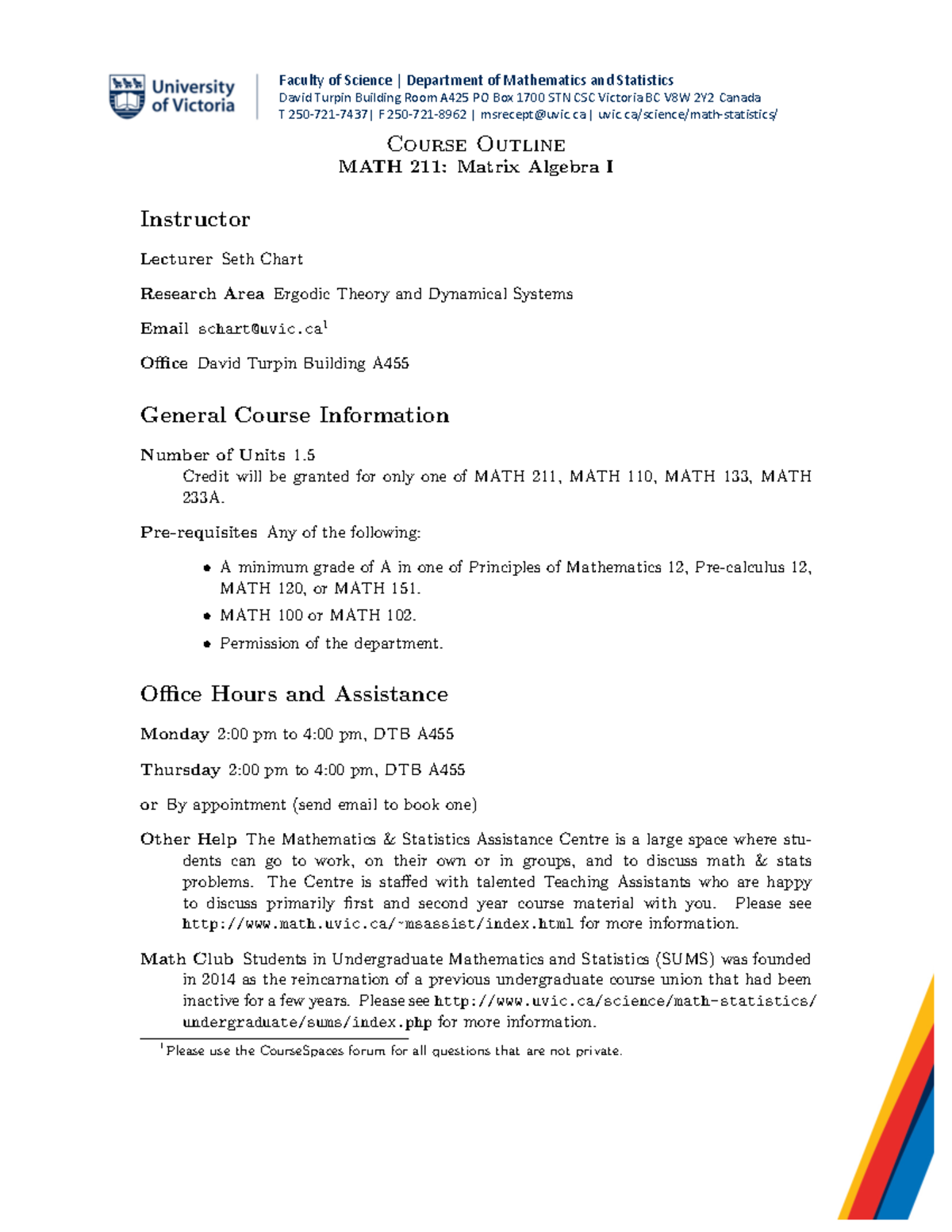 MATH 211 Course Outline - Matrix Algebra I - Instructor Seth Chart ...