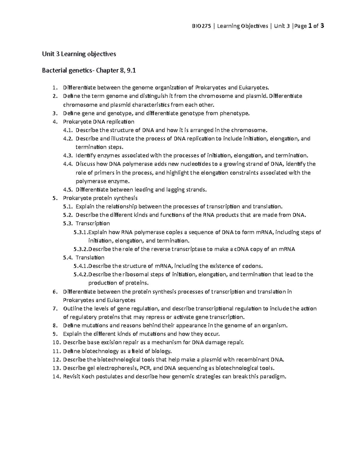 BIO275 Learning Objectives for Unit 3: Bacterial Genome and ...