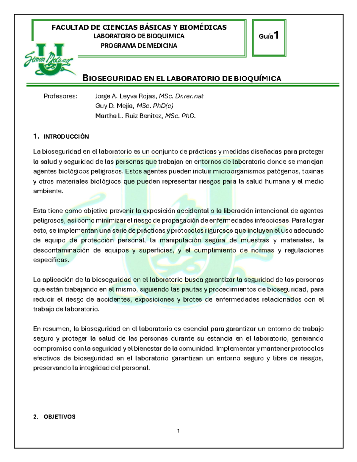 Guía 1: Bioseguridad en el Laboratorio de Bioquímica - Medicina 1 - Studocu