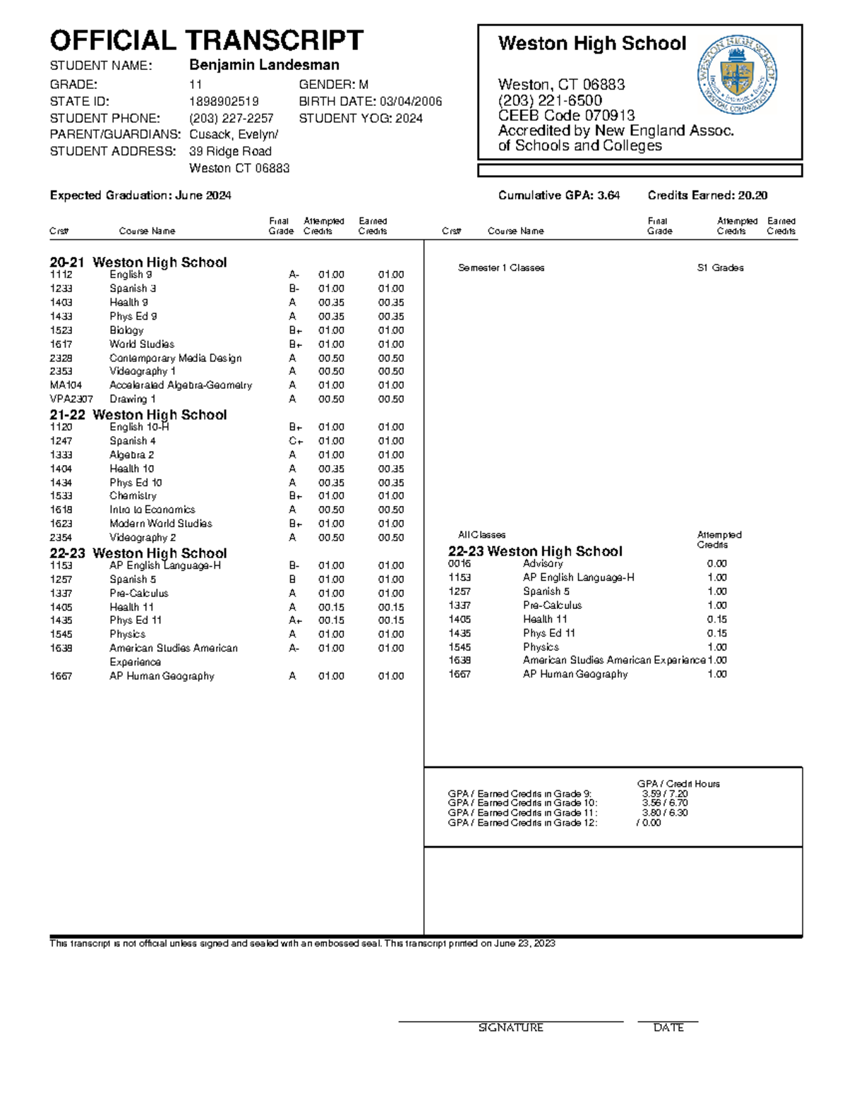 Weston HS Transcript for Benjamin Landesman - Class of 2024 - Studocu