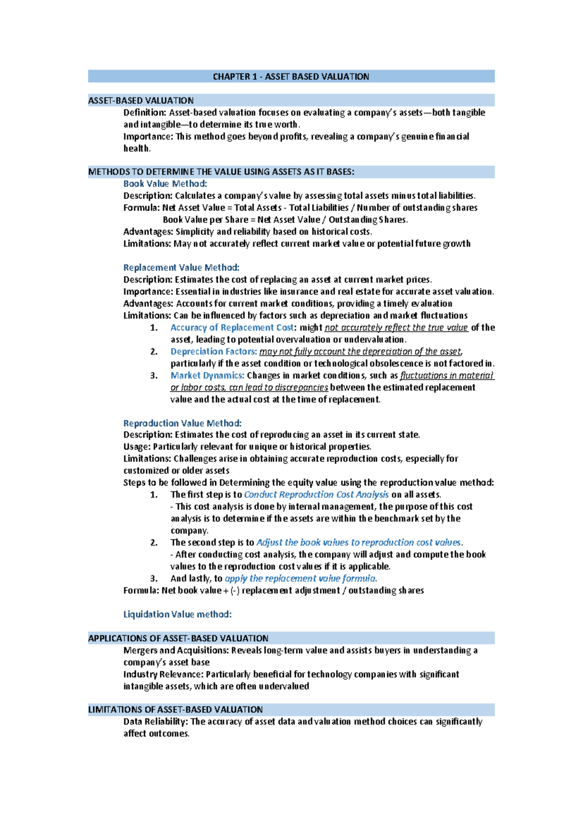 VALUATION MIDTERM REVIEWER - CHAPTER 1 - ASSET BASED VALUATION ASSET ...