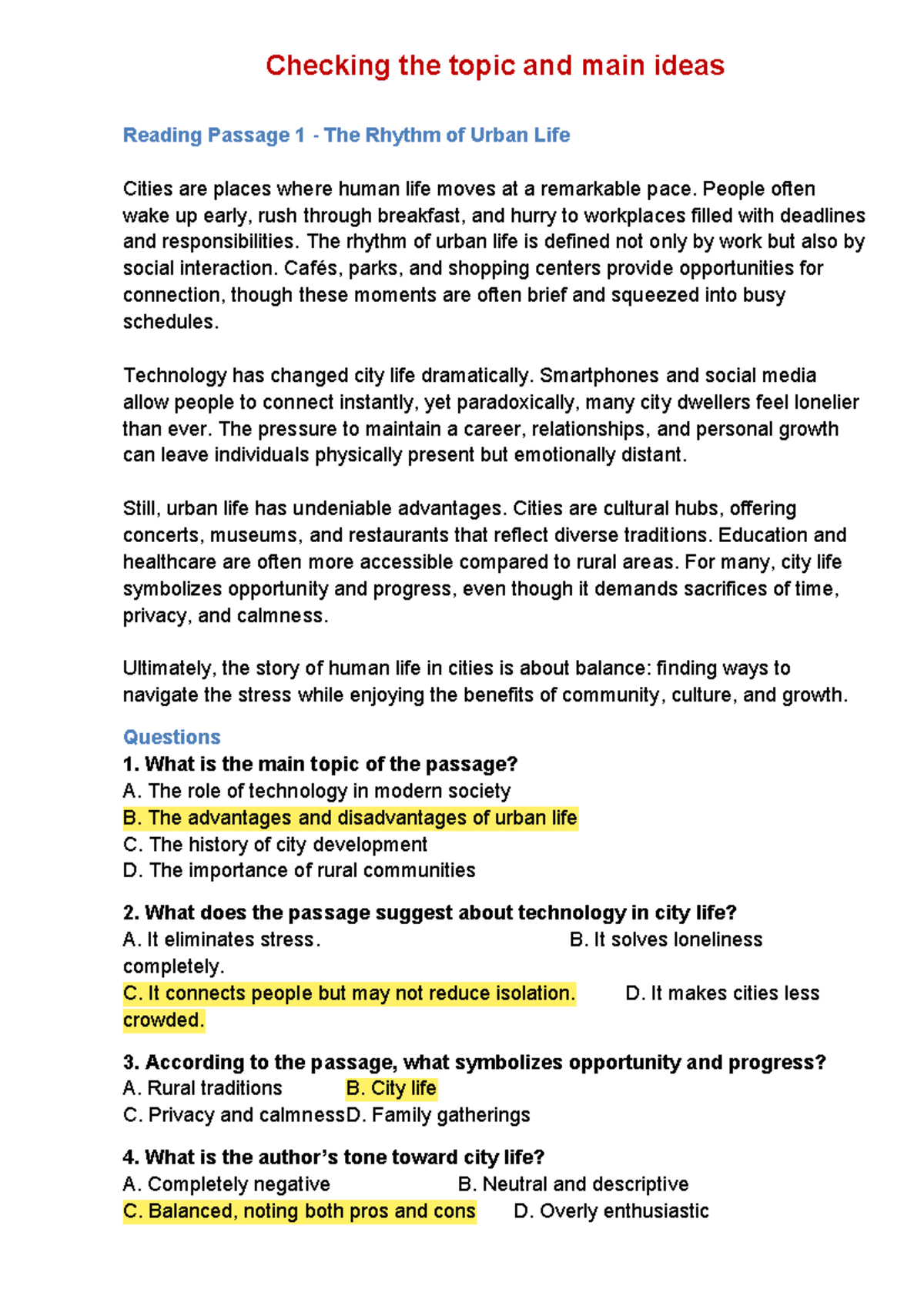 Reading Skill 1: Topic &amp; Main Ideas - Urban Life &amp; Dolphins - Studocu