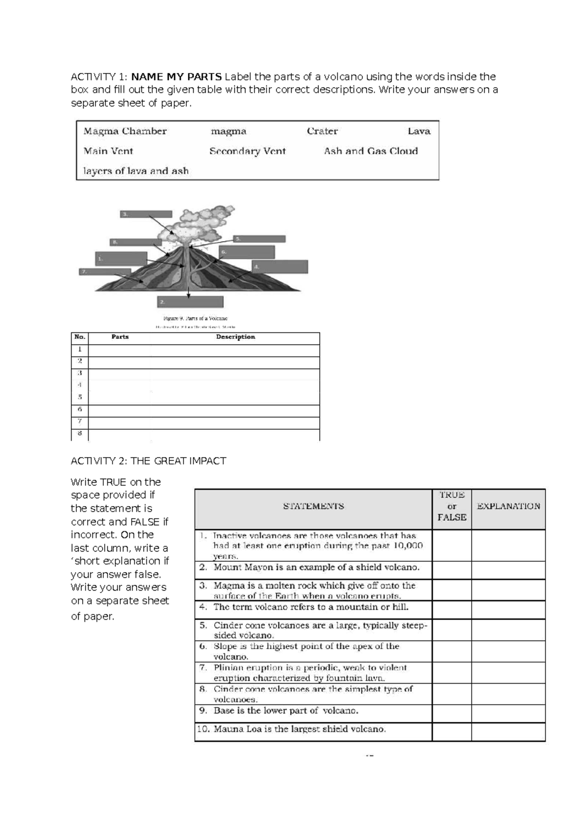 Parts OF Volcano - activity - Bachelor of Secondary Education ...