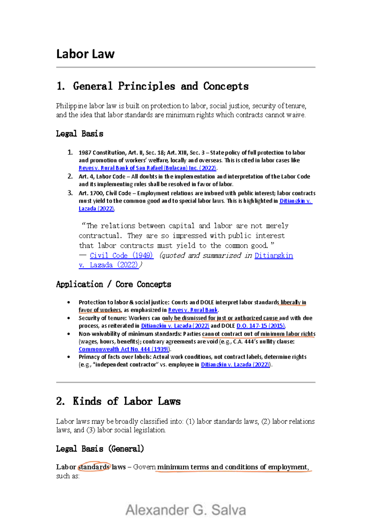 Labor Law 1: General Principles & Standards - Reviewer - Studocu